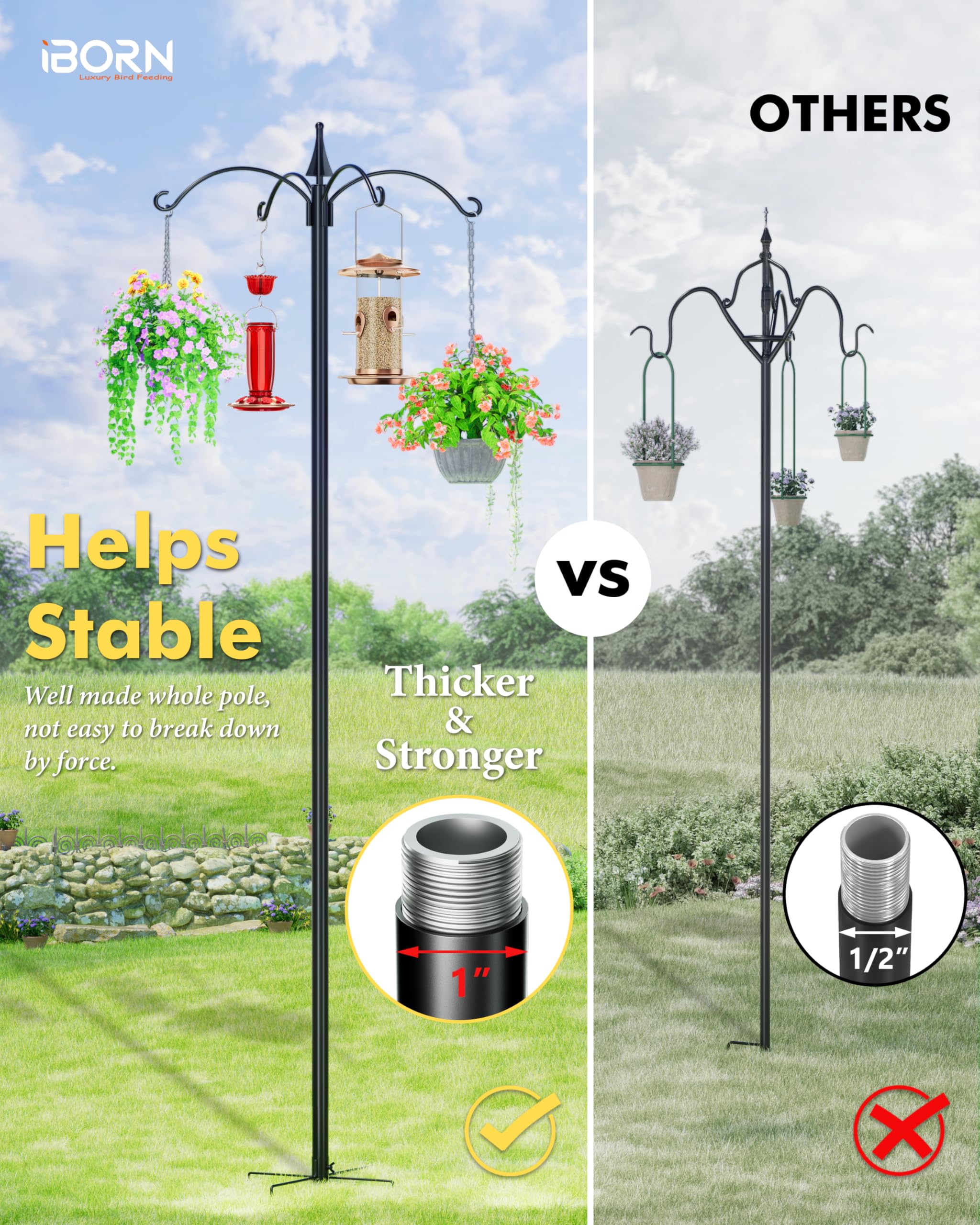 iBorn 87Inch Heavy Duty Hanging Bird Feeder Station Stand - 1 Inch Thick Pole with 4 Hooks & 5-Prong Stabilizer for Wild Birds (Bird Feeders Not Included) - Perfect for Backyard, Garden, and Outdoor Bird Watching