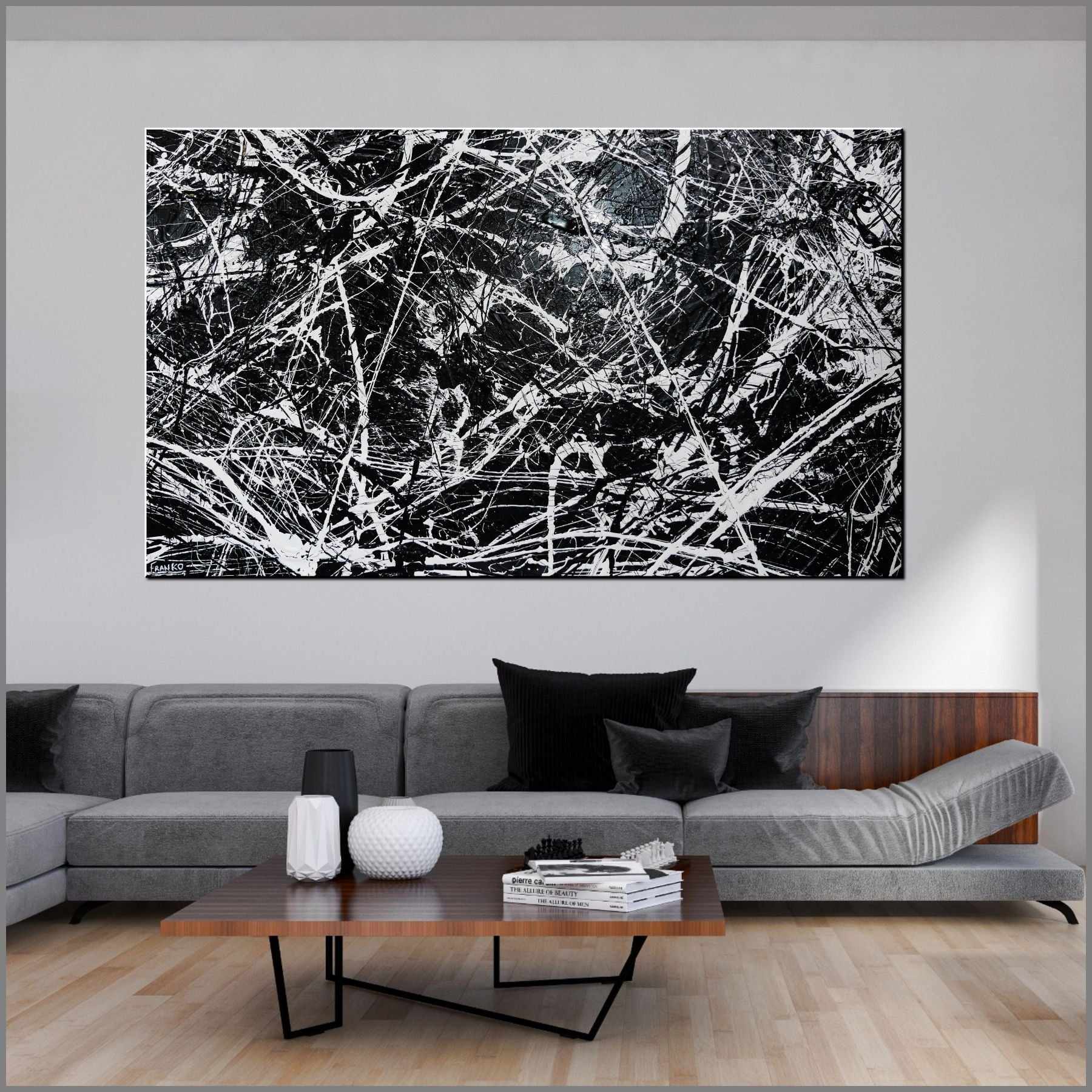 Scatter Brain 150cm x 250cm Black White Textured Abstract Canvas Art Painting - Modern Wall Decor for Living Room, Bedroom, Office