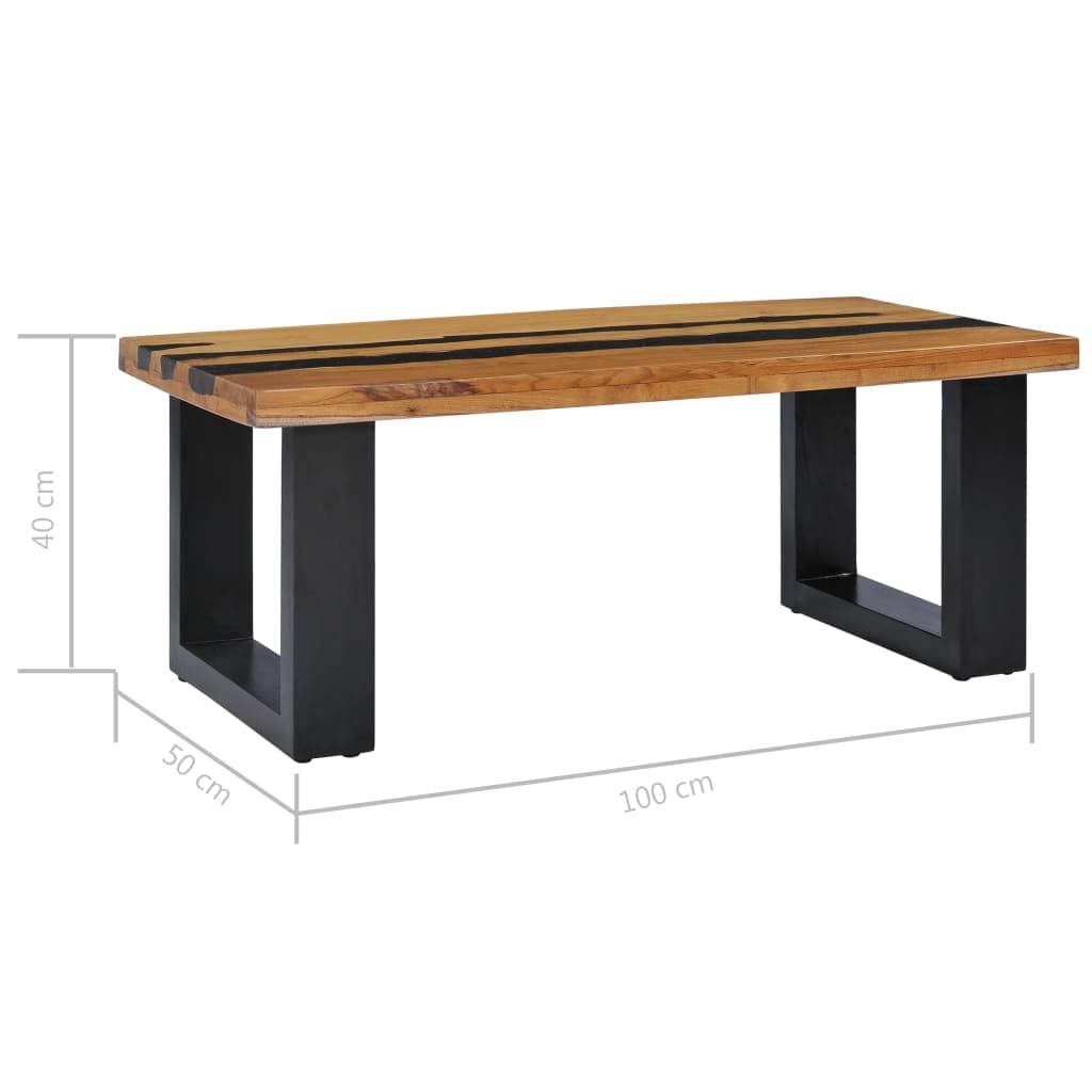 Solid Teak Wood Square Coffee Table with Lava Stone Top - 39.3