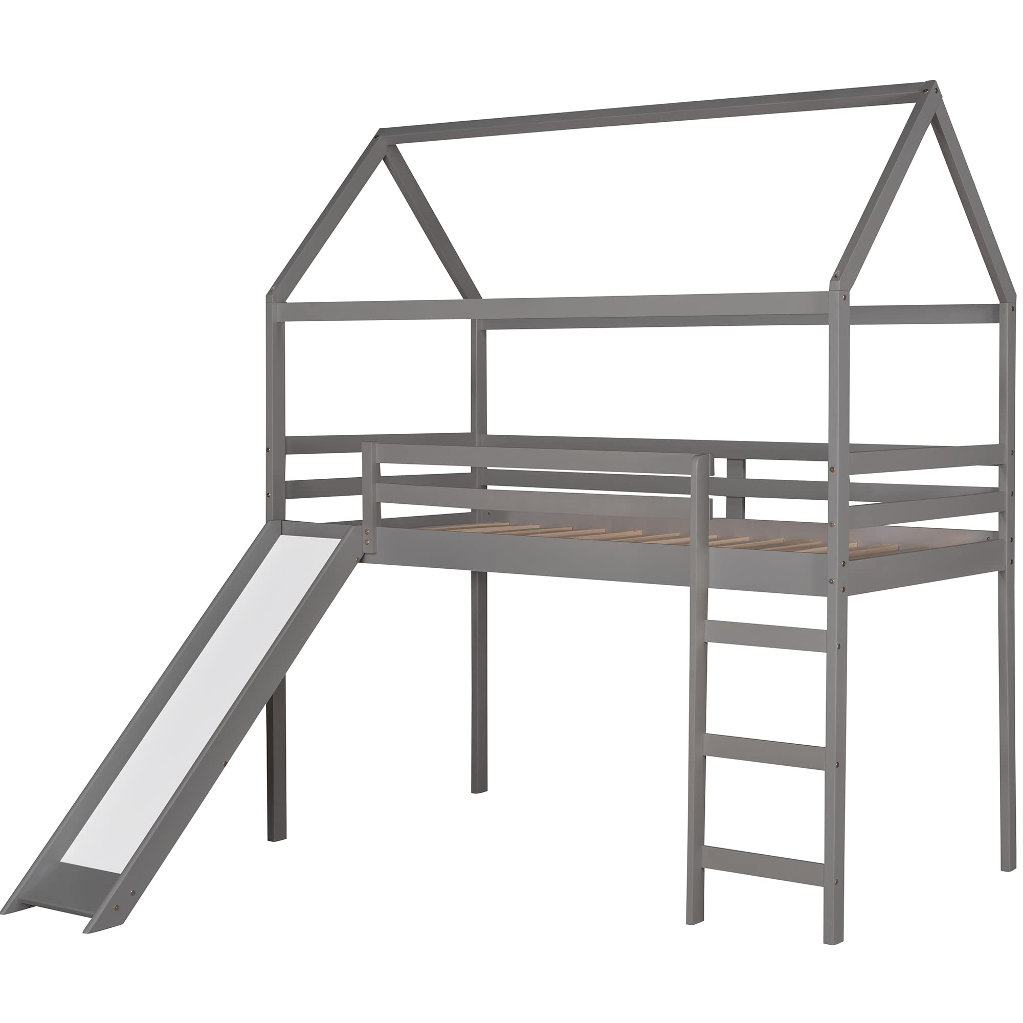 **Twin Size Wooden Tent Bed Frame with Roof & Slide - Kids Playhouse Loft Bed with Safety Fence, Nursery Furniture for Boys & Girls (Gray) - Perfect for Bedrooms, Playrooms & Montessori Learning Spaces**