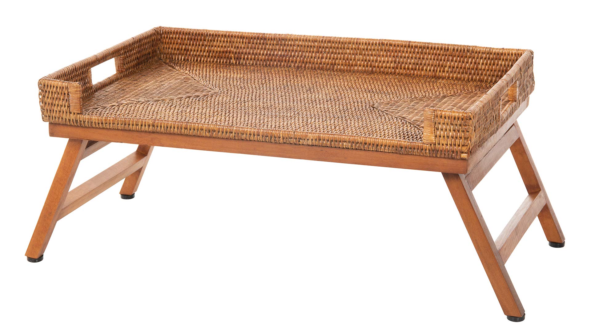 KOUBOO Foldable Rattan Breakfast Tray with Wooden Stand - Rectangular Serving Tray for Bed, Sofa & Couch - Portable Snack Tray for Breakfast, Brunch, Coffee & Tea Time - Honey Brown Butler Tray for Home & Hotel Use