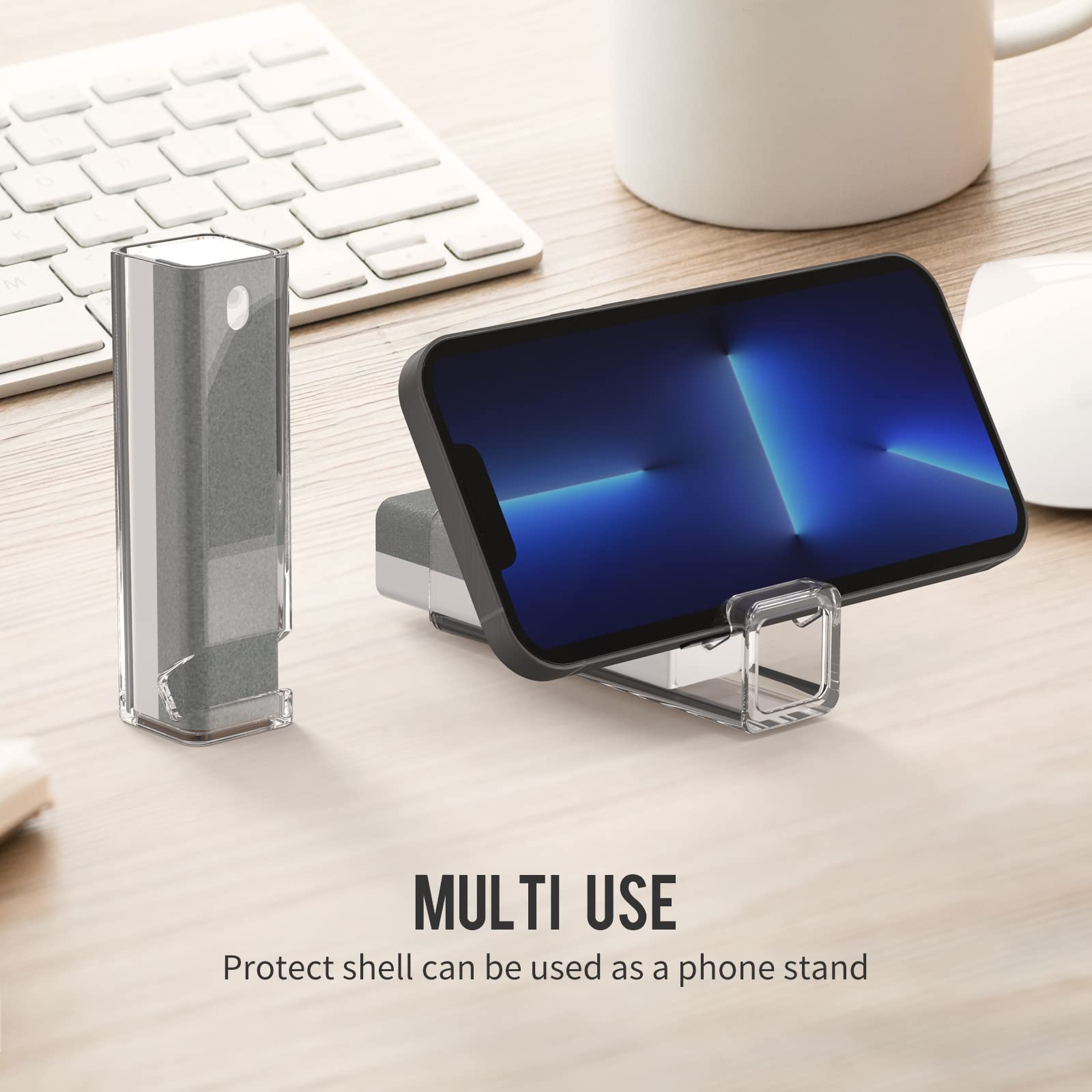 CLICK CLEAN Premium Screen Cleaner Spray - Anti-Fingerprint, Streak-Free Cleaning Solution for Phones, Laptops & Tablets - Includes Microfiber Cloth, Protective Shell & Phone Stand (Grey) - Perfect for Home, Office & Travel Use