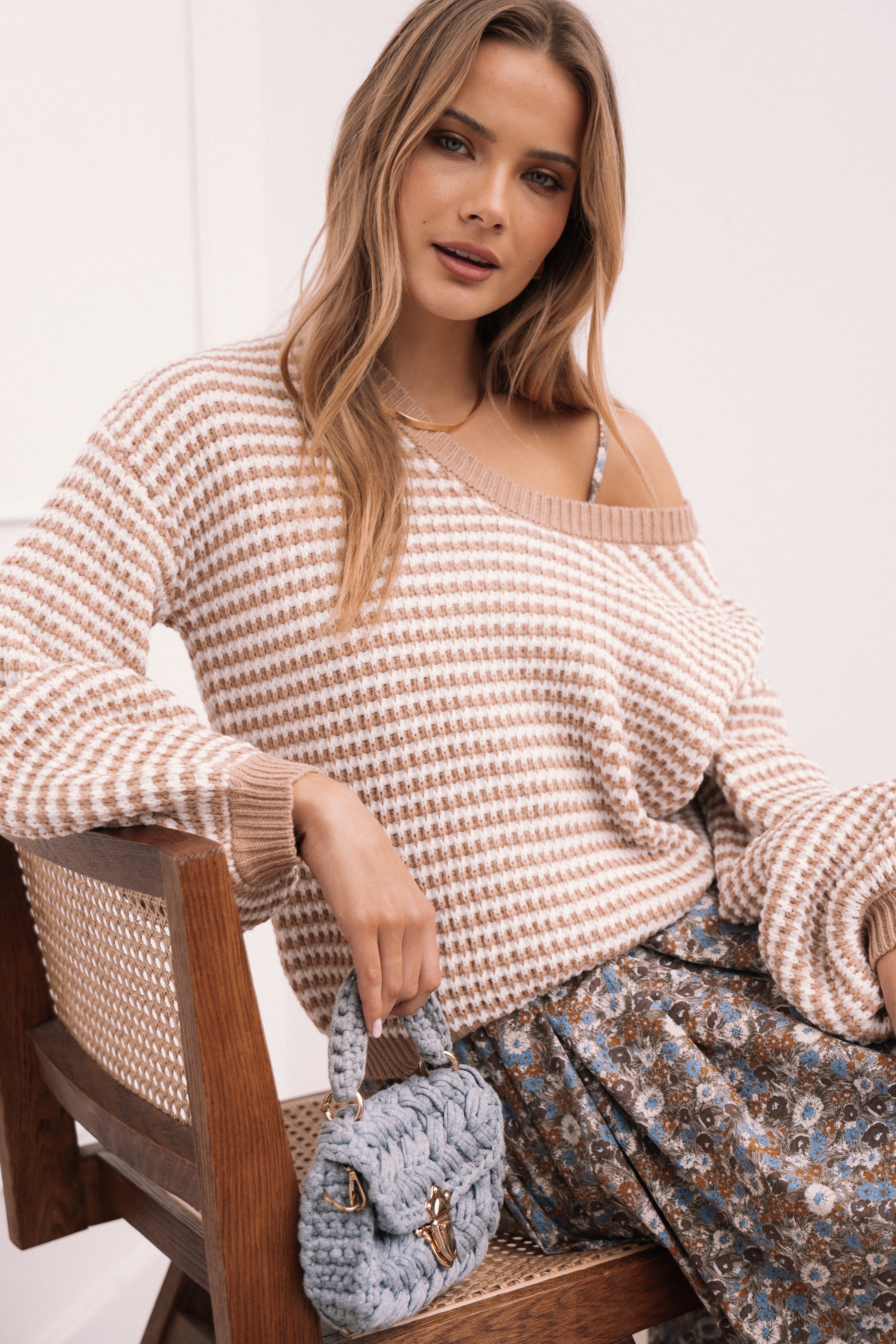 Becca Waffle Stitch Striped Knit Sweater for Women - Cozy Crewneck Pullover in Tan | Perfect for Fall & Winter Outfits, Casual Wear & Layering