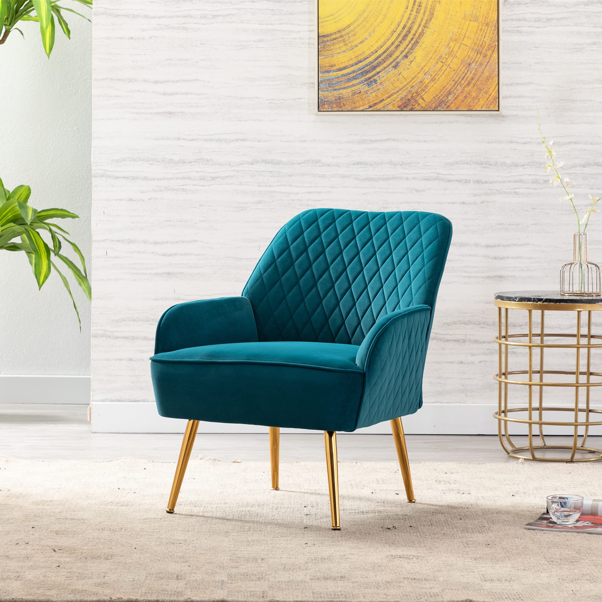 Velvet Accent Chair with Gold Metal Legs - Modern Upholstered Armchair for Living Room, Dining Room, Bedroom & Lounge - Comfortable Club Chair for Leisure & Guests (Teal)