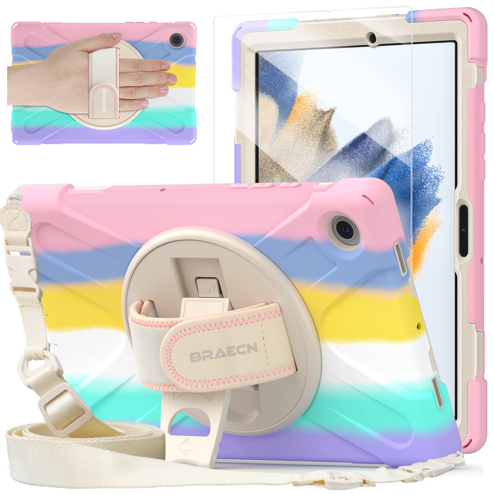 BRAECN Samsung Galaxy Tab A8 10.5 Case 2022 with Pencil Holder - 360° Rotating Grip Handle, Folding Stand & Shoulder Strap - Drop-Proof Protective Cover for SM-X200/X205/X207 (Rainbow Pink) - Perfect for Work, Travel & School Use