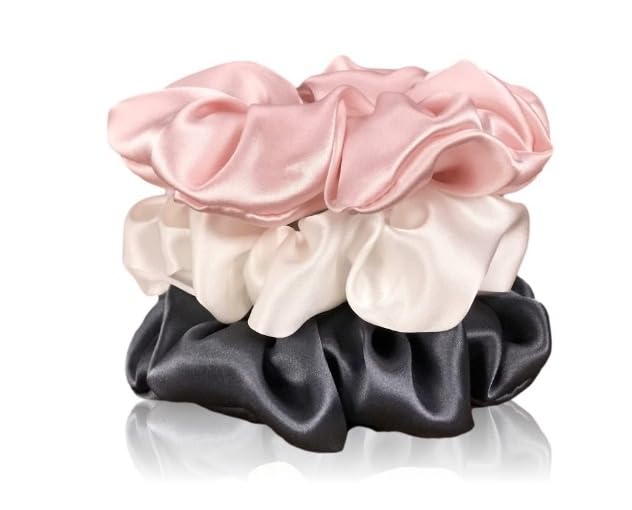 Luxury Satin Silk Black Scrunchies for Women & Girls - Soft, Comfortable Hair Ties, Anti-Hair Breakage, Stylish Hair Accessories (Pack of 3) - Perfect for Work, Gym, Travel & Everyday Use (DPB-MULCOL-HIR-01)