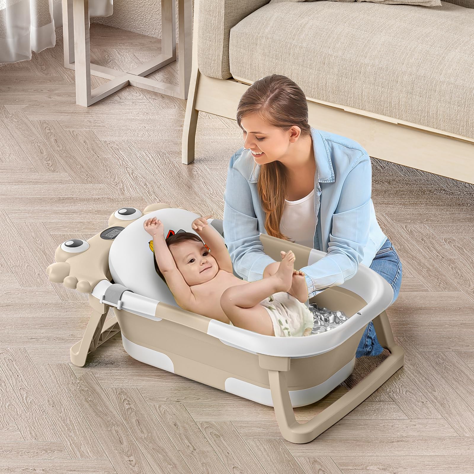 Foldable Baby Bathtub with Temperature Monitor & Floating Cushion - Portable Infant to Toddler Bath Tub (0-36 Months) for Newborns - Ideal for Home, Travel & Daycare Use (Beige)