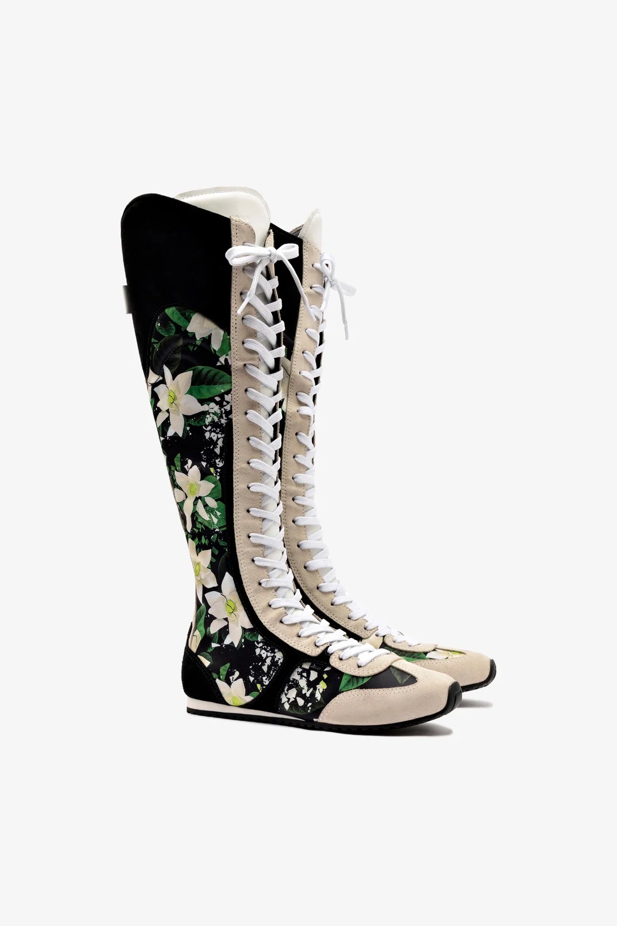 Larroudé x Jonathan Cohen Black Gardenias Satin & Suede Flat Hi Sneaker Boot - Stylish Women's Fashion Shoes for Casual Wear & Night Out