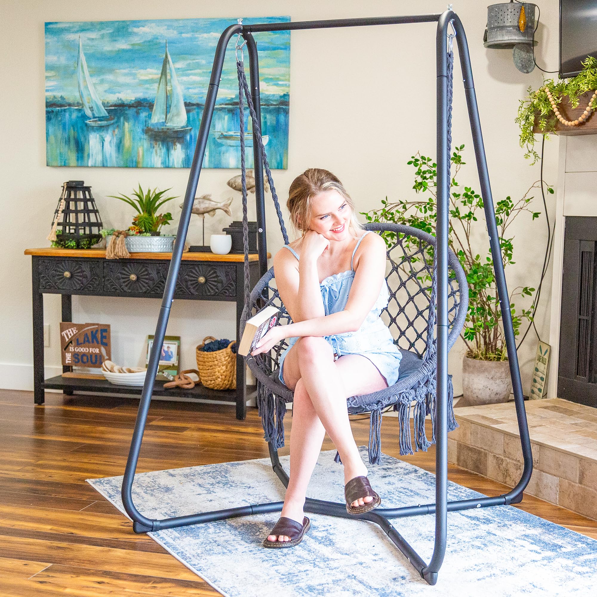 SUNCREAT Heavy Duty Hammock Chair with Stand - 330 lbs Capacity, Patented Design, Grey - Perfect for Indoor, Outdoor, Patio, Garden & Relaxation