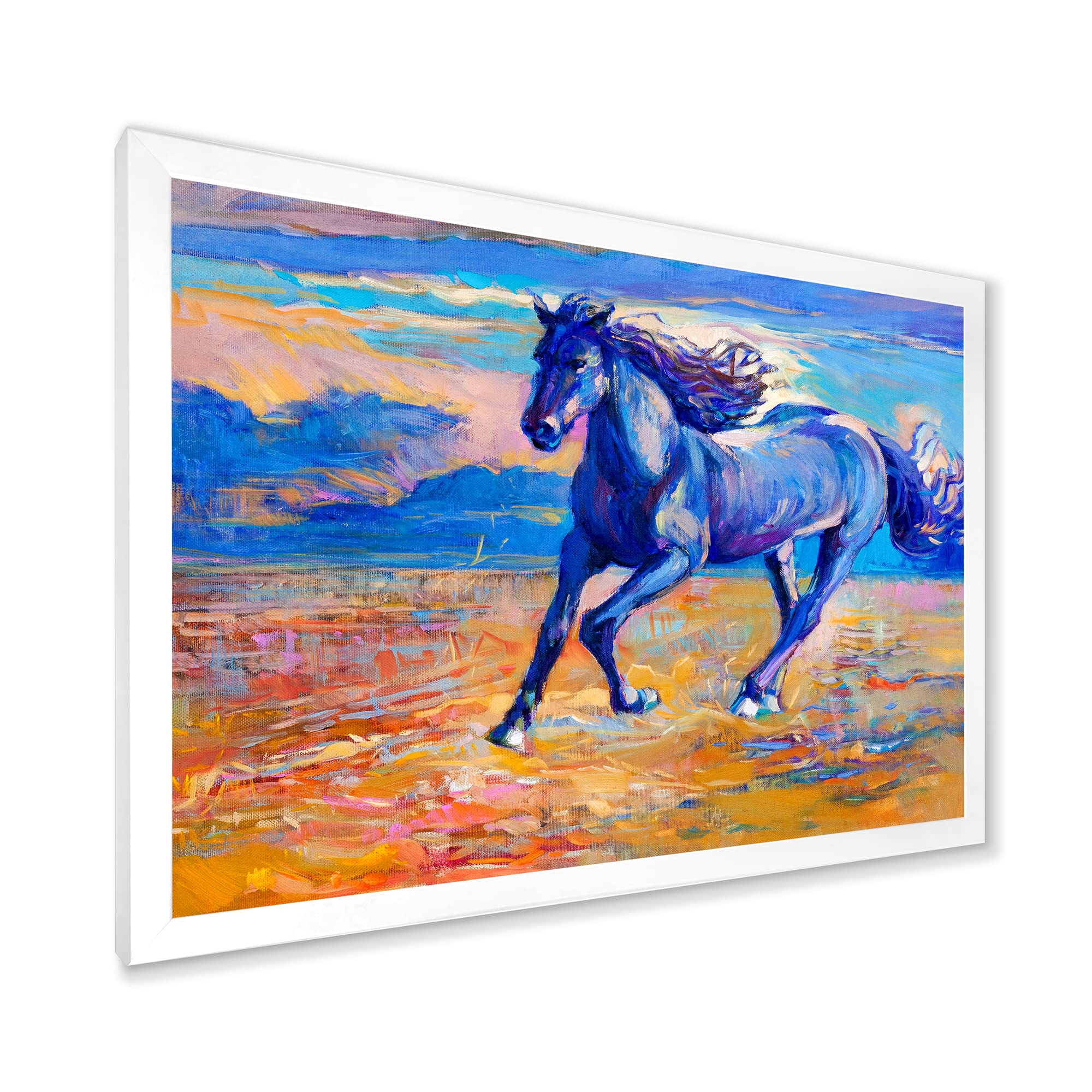 Blue Horse Galloping Over Prairie - Farmhouse Framed Wall Art Decor for Living Room, Bedroom & Office