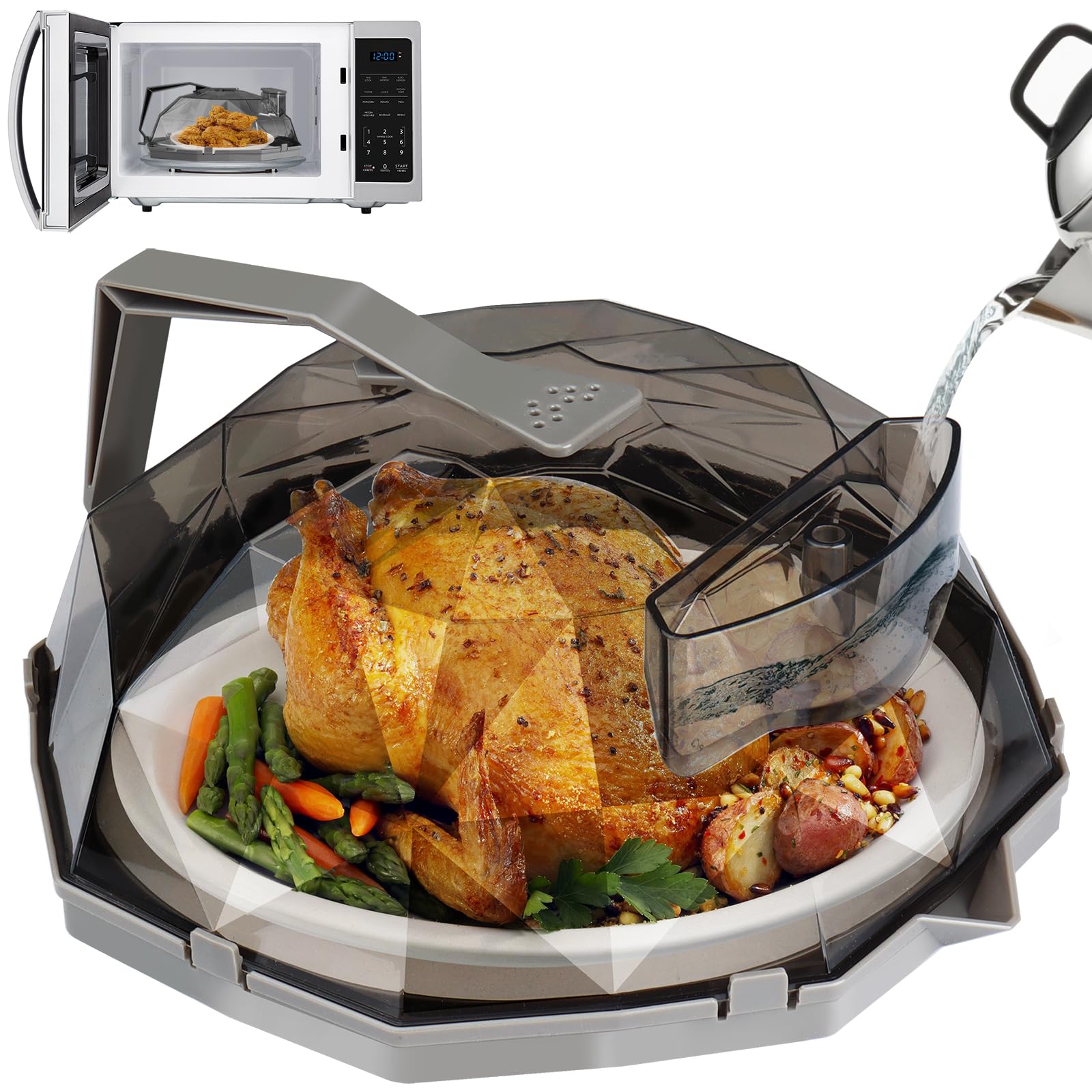 10 Inch Clear Diamond Shape Microwave Cover with Handle - BPA Free Food Splatter Guard with Water Steamer | Essential Kitchen Accessories for Reheating, Cooking & Meal Prep (Coffee Grey)