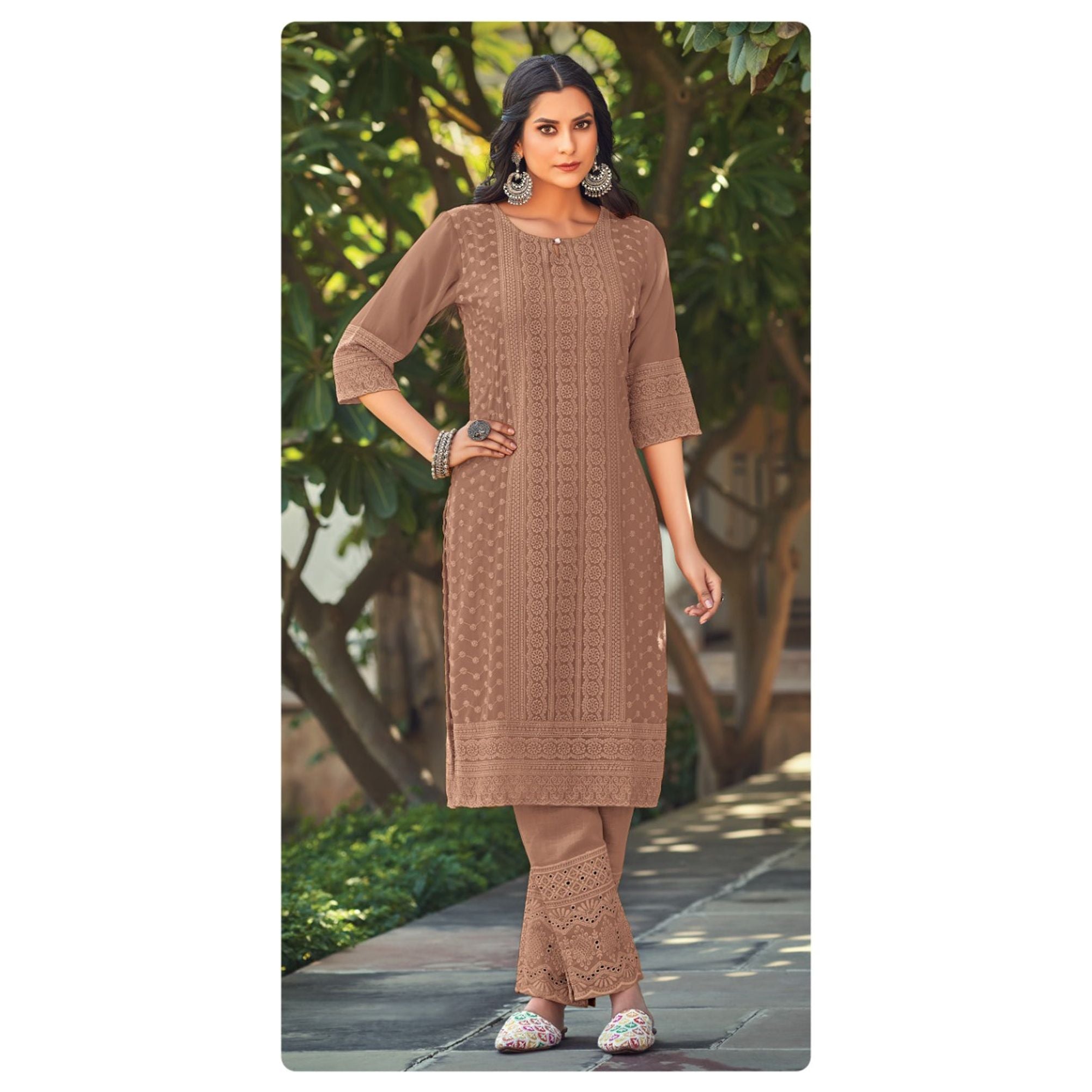 Light Brown Lakhnavi Kurta for Women - Elegant Traditional Indian Tunic - Perfect for Festivals, Weddings & Casual Wear