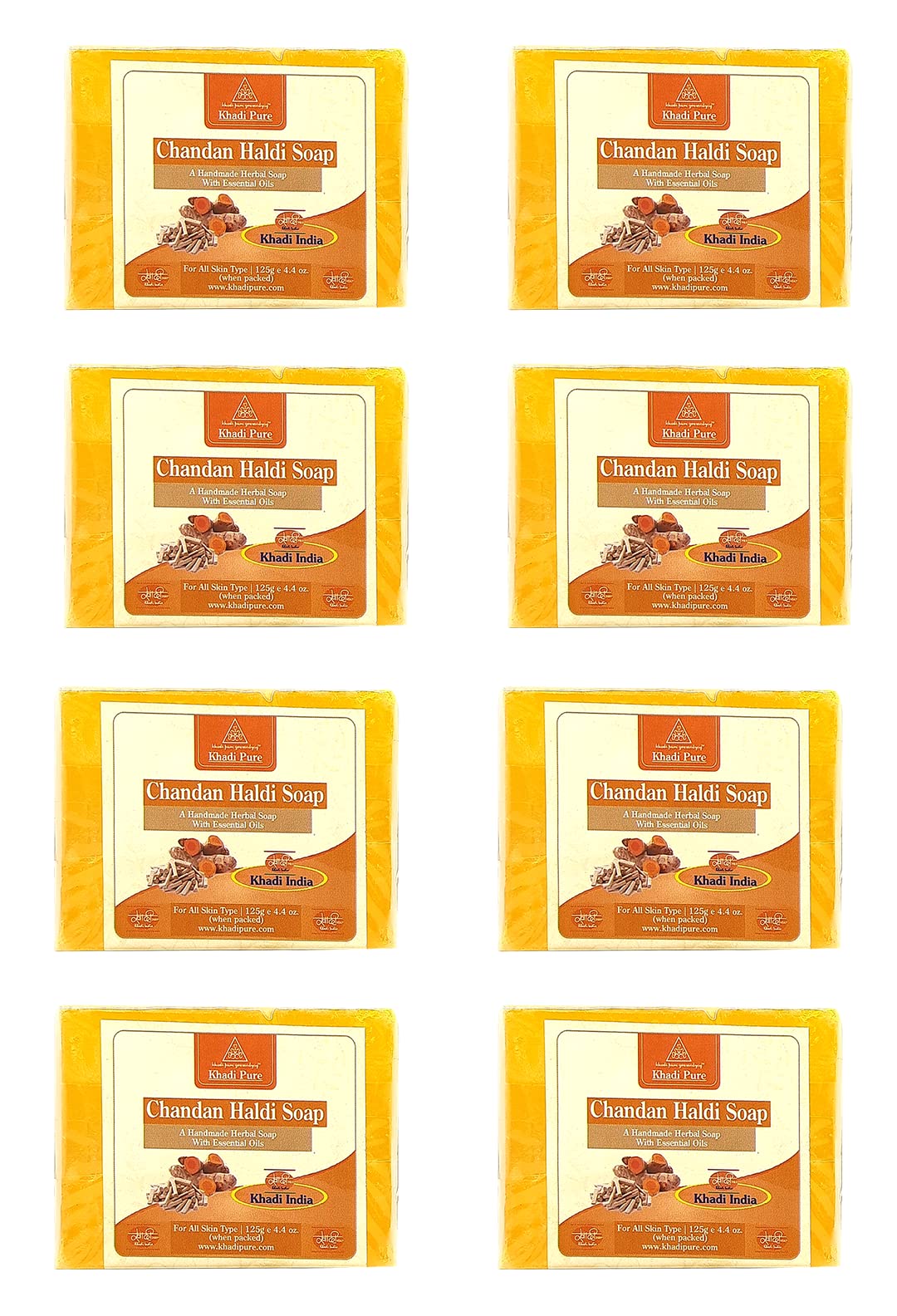 Khadi Pure Herbal Chandan Haldi Soap - 125g (Pack of 8) | Natural Sandalwood & Turmeric Soap for Glowing Skin | Perfect for Daily Cleansing & Ayurvedic Skincare Routine