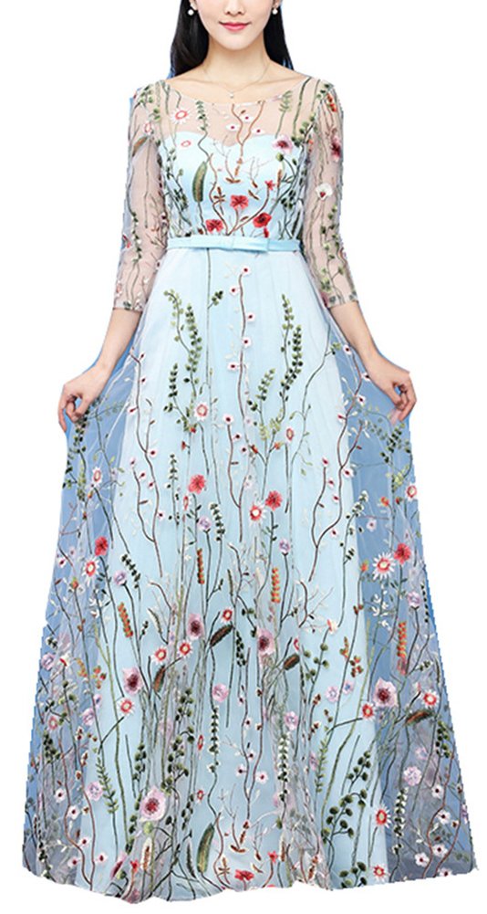 Honeydress Women's Embroidered Bohemian Long Sleeve Maxi Dress - Flowy Summer Beach Dress for Vacation, Wedding & Casual Wear