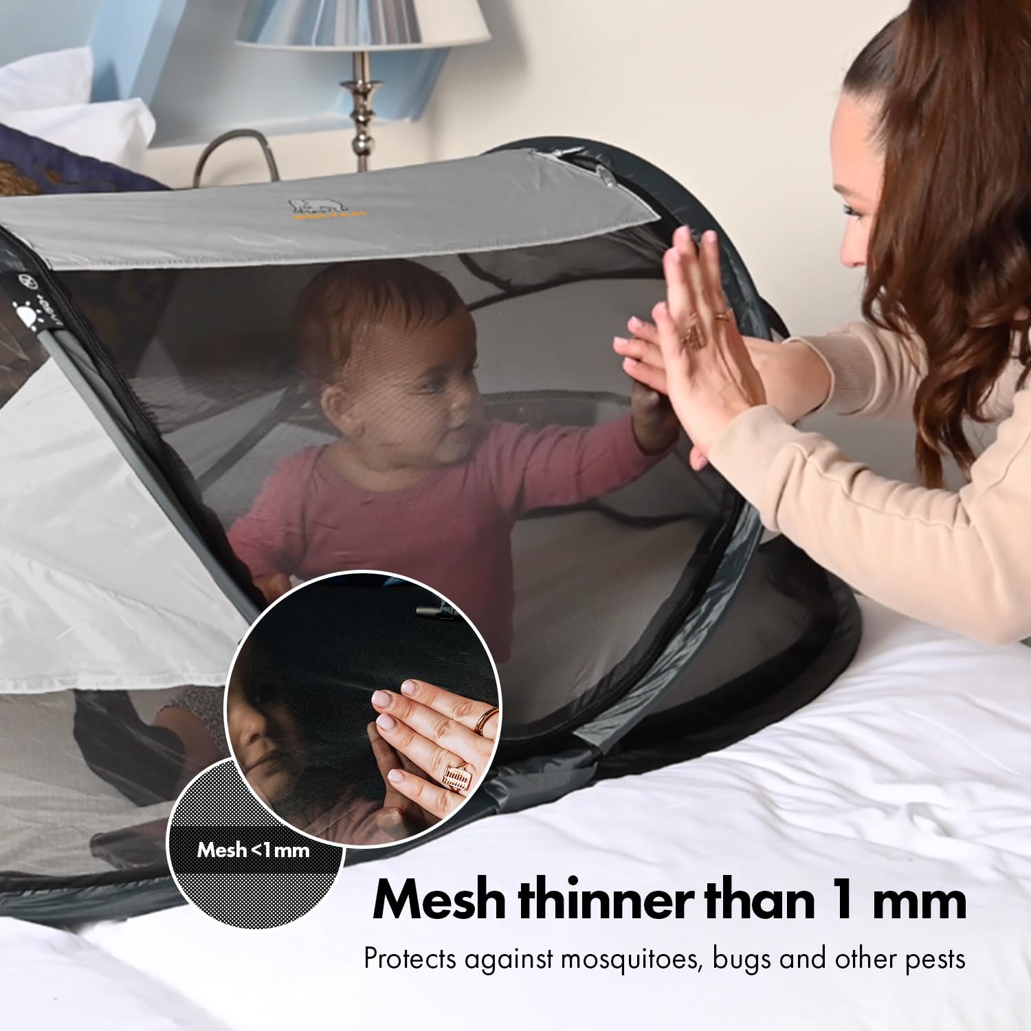 Deryan Baby Travel Cot - Portable Pop-Up Playpen with Self-Inflatable Air Mattress, Zippered Cotton Cover & Carry Bag | Instant Setup in 2 Seconds | Silver | Perfect for Camping, Beach Trips & Indoor Nursery Use