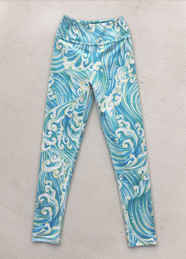 Hannah Mermaid Yoga Leggings with Golden Wave Design - High Waisted Workout Leggings for Women - Perfect for Yoga, Gym, Running and Beach Wear