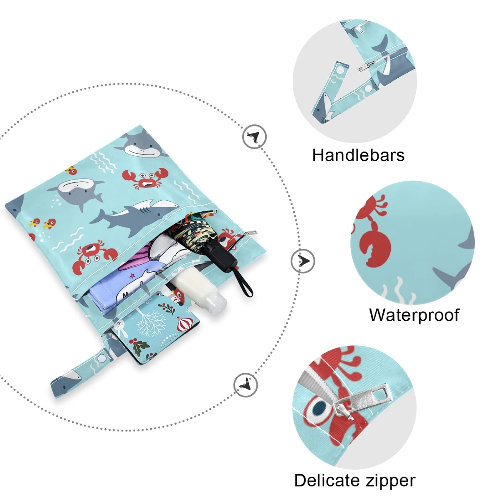 Cartoon Big Fish and Shark Wet Dry Bag 2-Pack - Waterproof Reusable Diaper Storage & Travel Bag with Dual Zippers for Beach, Swimming, Summer Camp - Perfect for Pool Days, Baby Essentials & Outdoor Adventures