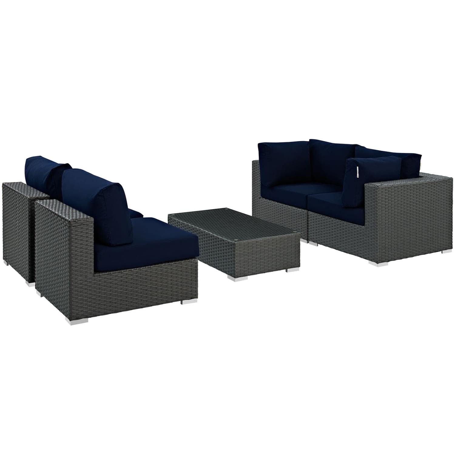 Modway Sojourn 5-Piece Outdoor Wicker Rattan Patio Sectional Set with Sunbrella Navy Canvas Cushions - Perfect for Backyard, Poolside & Garden Relaxation