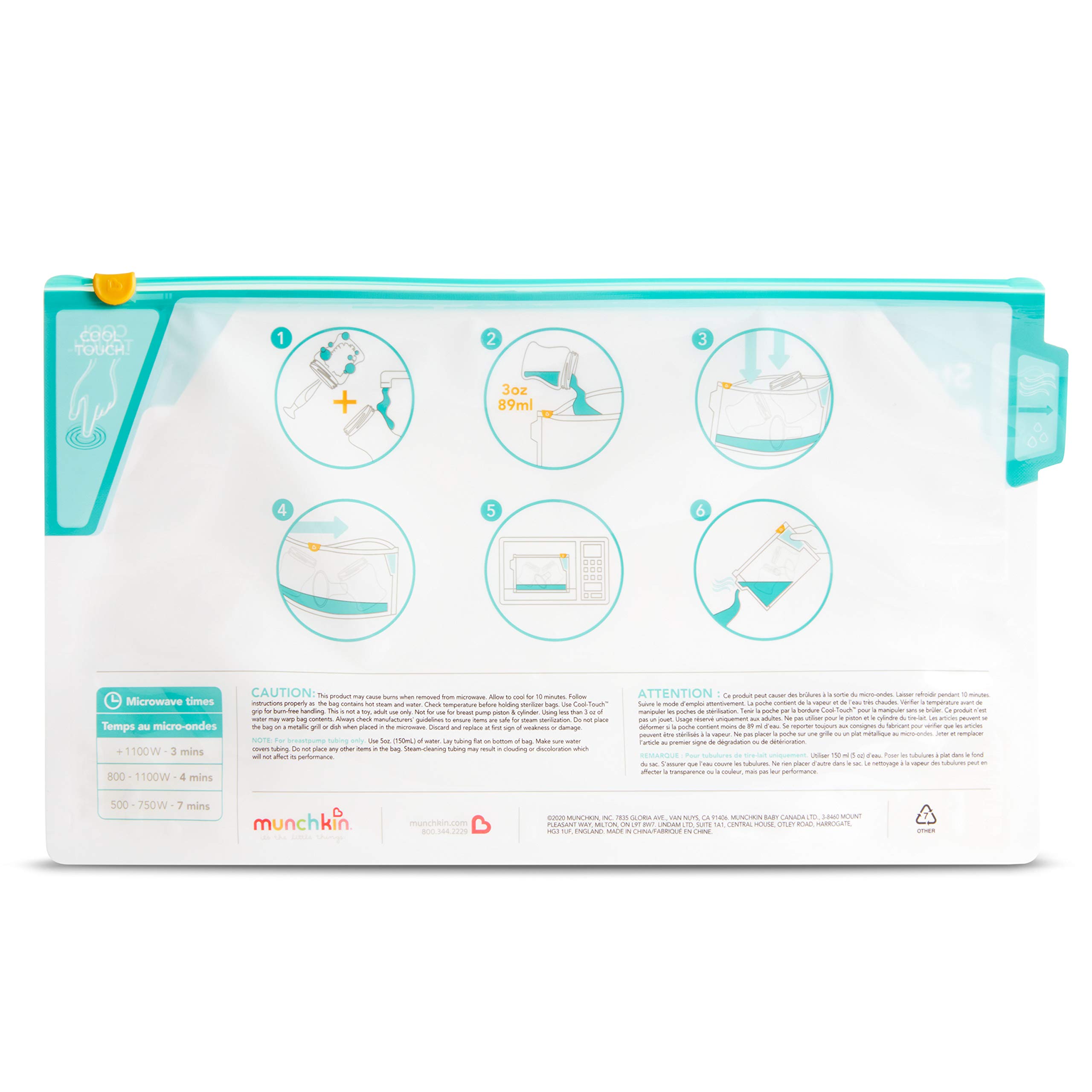 Munchkin® Sterilize™ Microwave Baby Bottle Steam Sterilizer Bags - 6 Pack (30 Uses per Bag) | Safe & Convenient for Travel, Daycare & Home Use