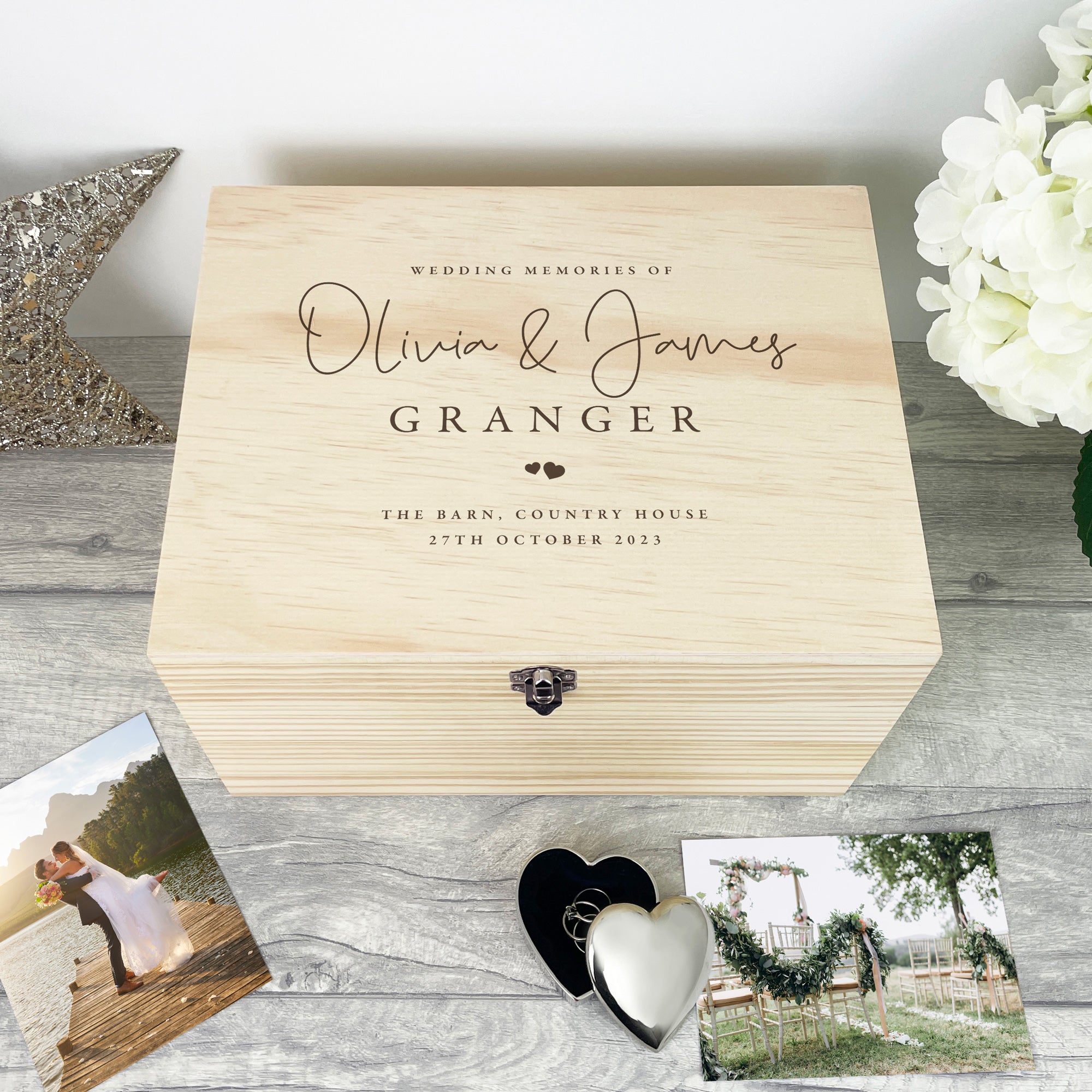 Personalized Wooden Wedding Memory Box - Handcrafted Keepsake Gift for Couples (5 Sizes: 16cm, 20cm, 26cm, 30cm, 36cm) - Perfect for Anniversaries, Vow Renewals & Romantic Gift Giving