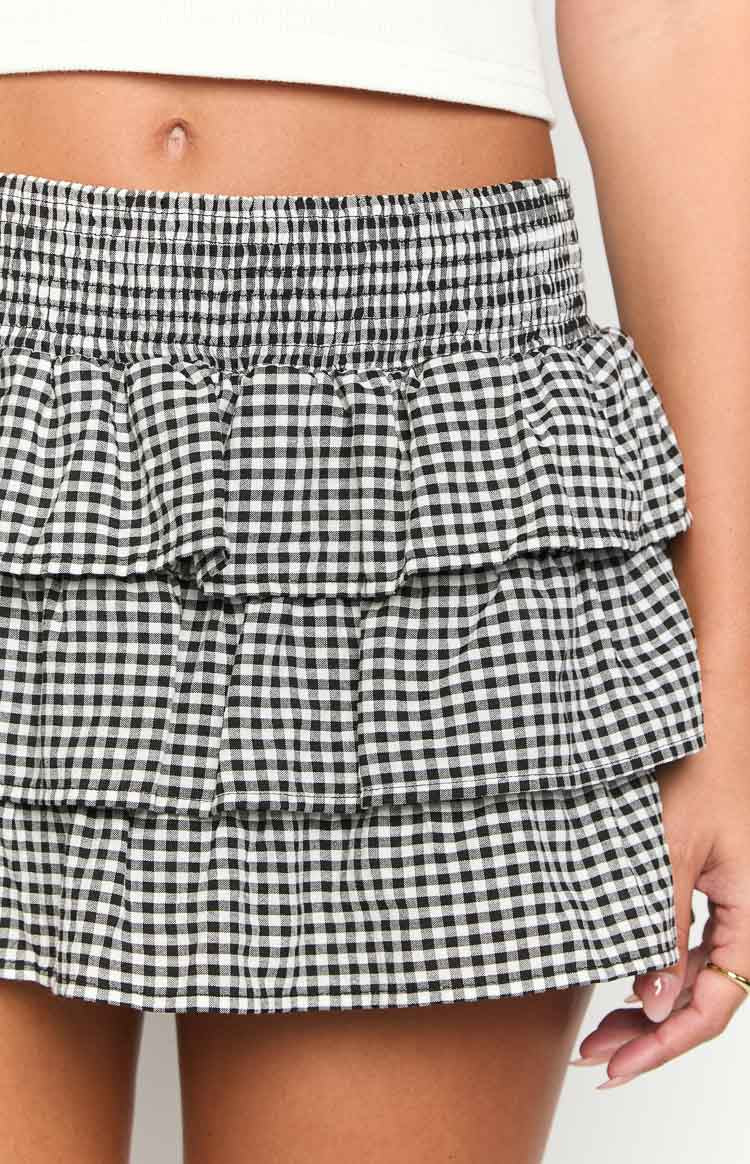Betsy Black Gingham Ruffle Mini Skirt for Women - Vintage Style Plaid Flared Skirt with Ruffled Hem - Perfect for Summer Outfits, Date Nights & Casual Wear