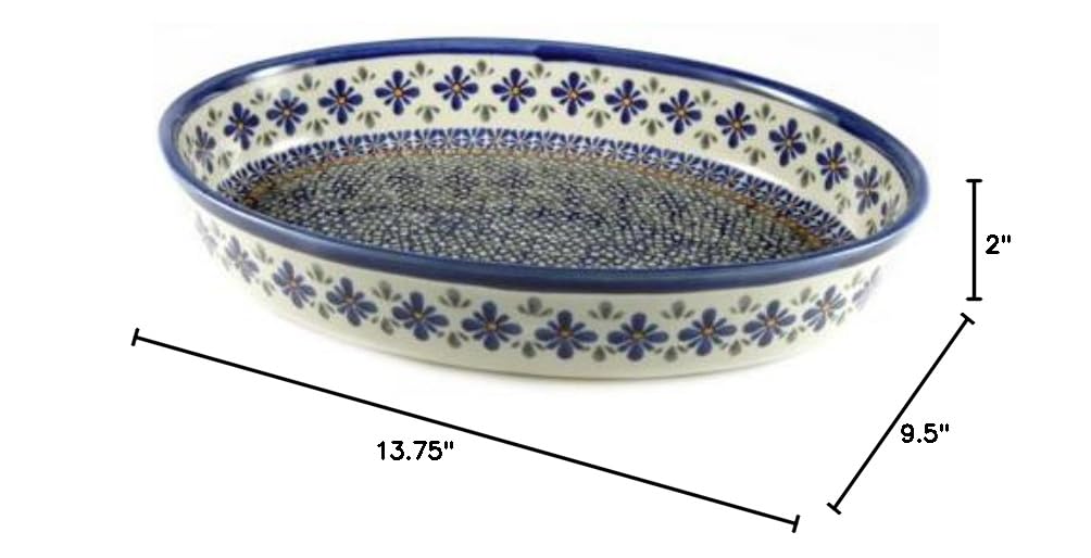 Blue Rose Polish Pottery Mosaic Flower Large Oval Baker - Handmade Ceramic Baking Dish for Casseroles, Pies & Bread | Perfect for Home Baking & Gift Giving