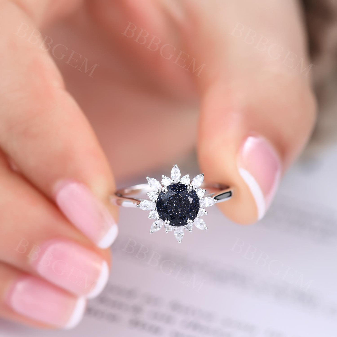 6.5mm Round Cut Blue Sandstone Engagement Ring - White Gold Marquise Moissanite Halo Ring for Women | Wedding, Proposal, Anniversary Gift Idea