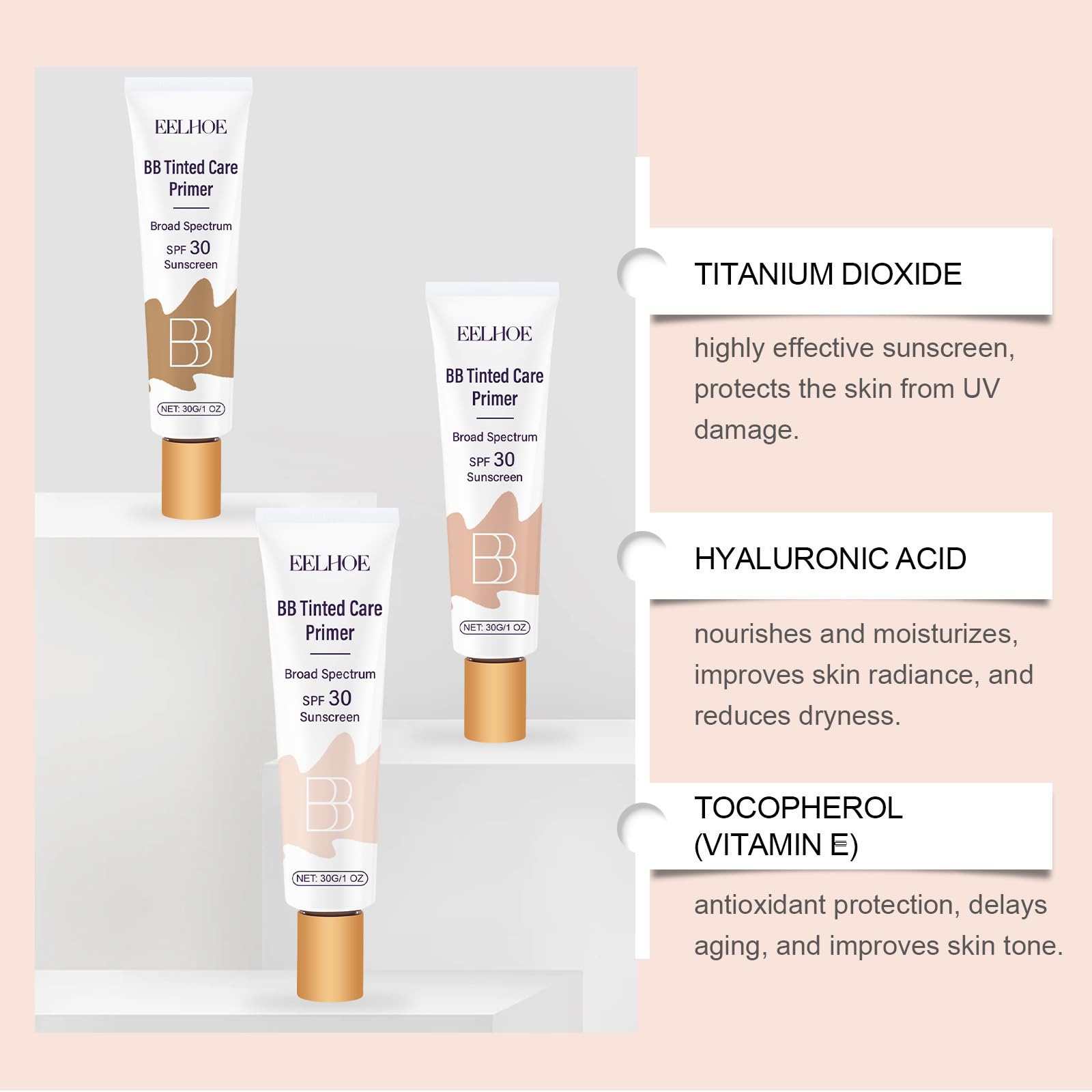 2Pcs BB Blur Tinted Moisturizer SPF 30 - Hydrating & Smoothing BB Cream Primer with Sun Protection (Wheat) | Daily Makeup Base & Natural Coverage for Flawless Skin