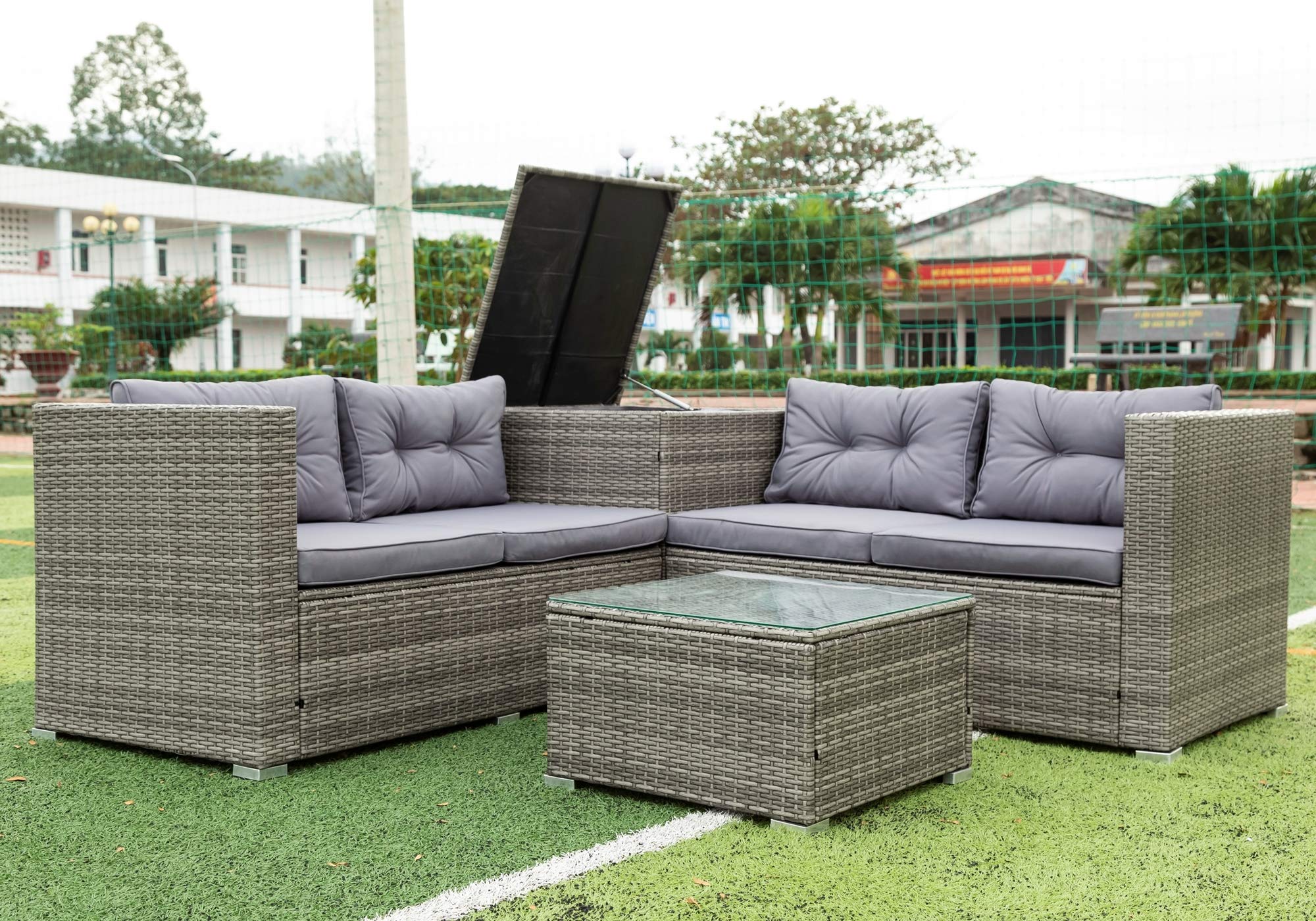 4-Piece All-Weather Outdoor Patio Furniture Set - Rattan Sectional Sofa with Storage Box, Cushions & Coffee Table - Perfect for Backyard, Garden, Poolside & Patio Relaxation