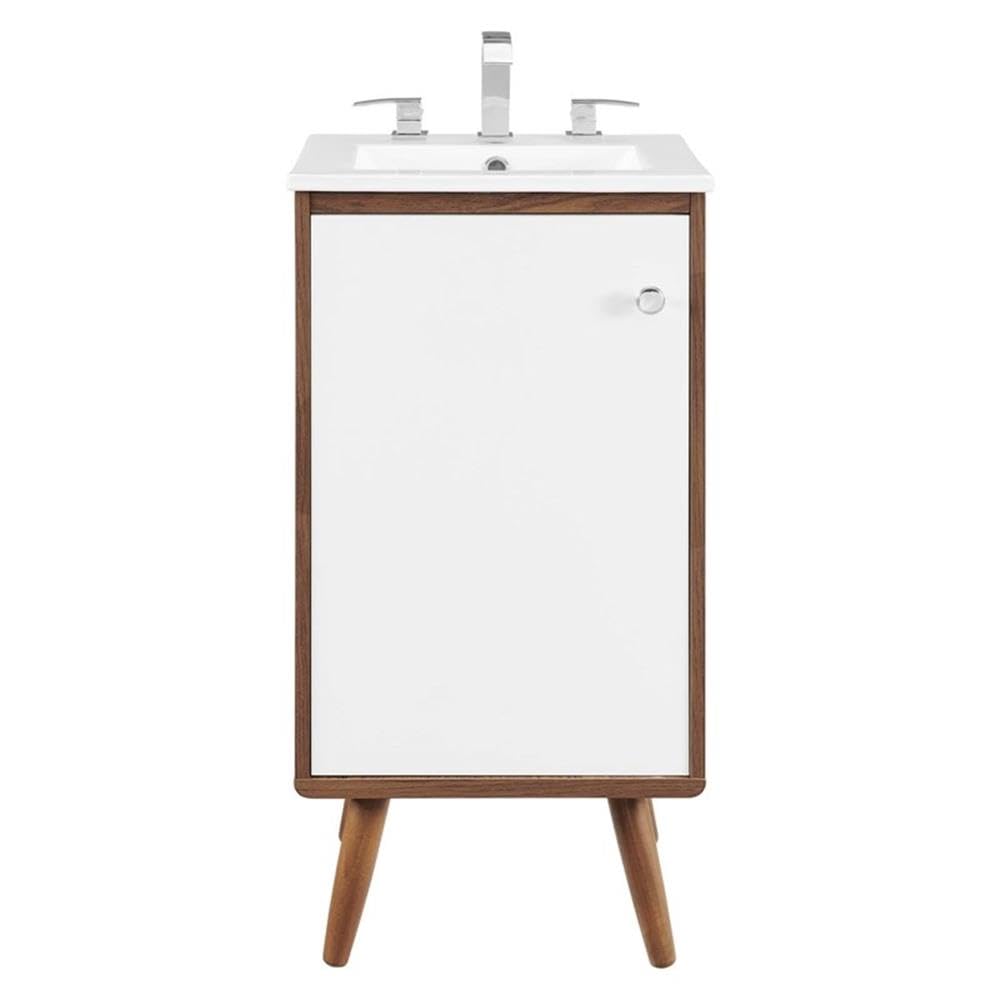 Modway Transmit 18 Inch Walnut White Bathroom Vanity with Sink - Modern Bathroom Furniture for Small Spaces, Apartment & Powder Room Makeover