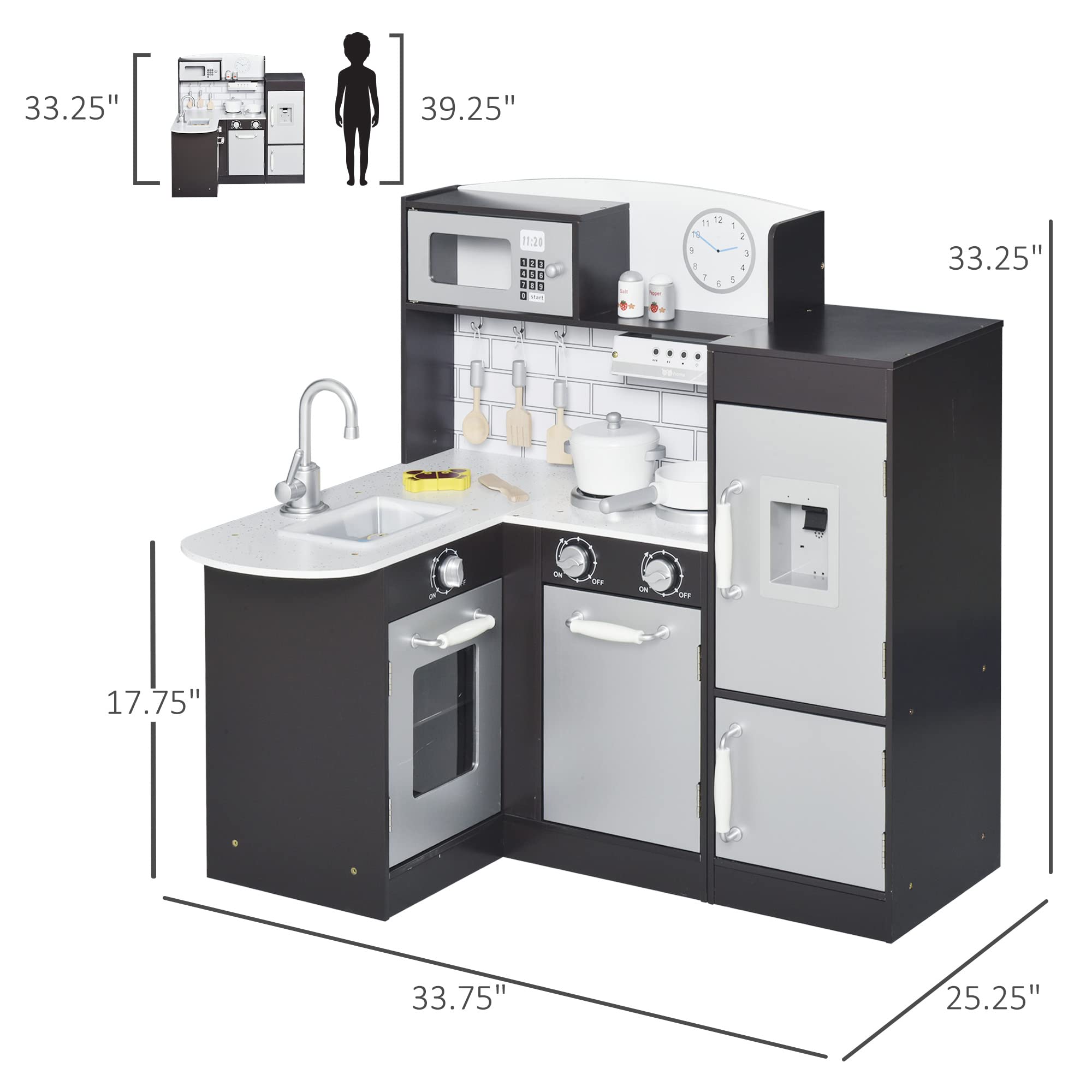 Qaba Wooden Kids Kitchen Playset - Pretend Play Toy Kitchen with Drinking Fountain, Microwave, Fridge & Accessories - Educational Role Play Kitchen for Toddlers 3+ Years (Black) - Perfect for Preschool Learning & Imaginative Play at Home