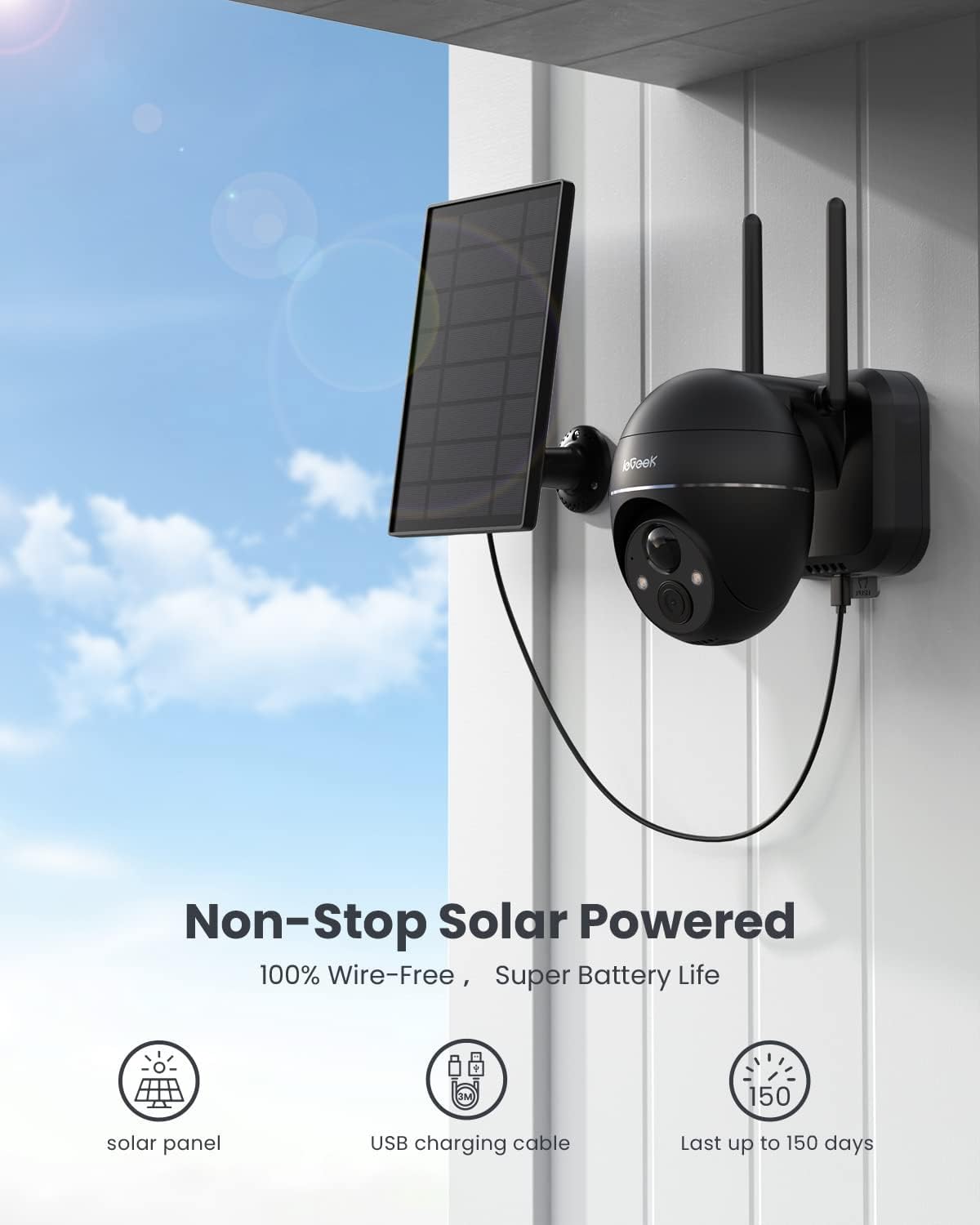 ieGeek 2K Wireless Solar Security Camera Outdoor - 360° PTZ WiFi CCTV with 5200mAh Battery, PIR Motion Detection, 355° Pan & 120° Tilt - Perfect for Home Surveillance, Yard Monitoring, and Property Protection