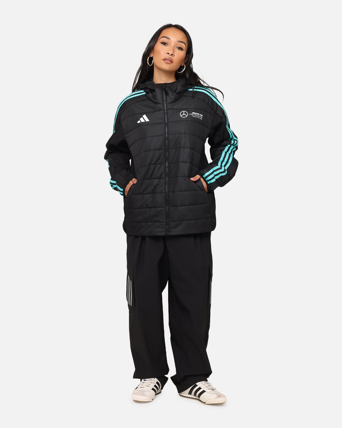 Adidas x Mercedes AMG PETRONAS F1 DNA Puffer Jacket for Men - Black & White Winter Coat for Racing Fans & Outdoor Activities