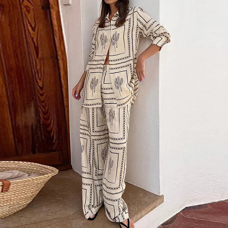 Women's Autumn Long Sleeve Shirt & Pants Set - Fashion Printed Casual Outfit - Comfortable Two-Piece Homewear for Lounge, Work & Everyday Wear
