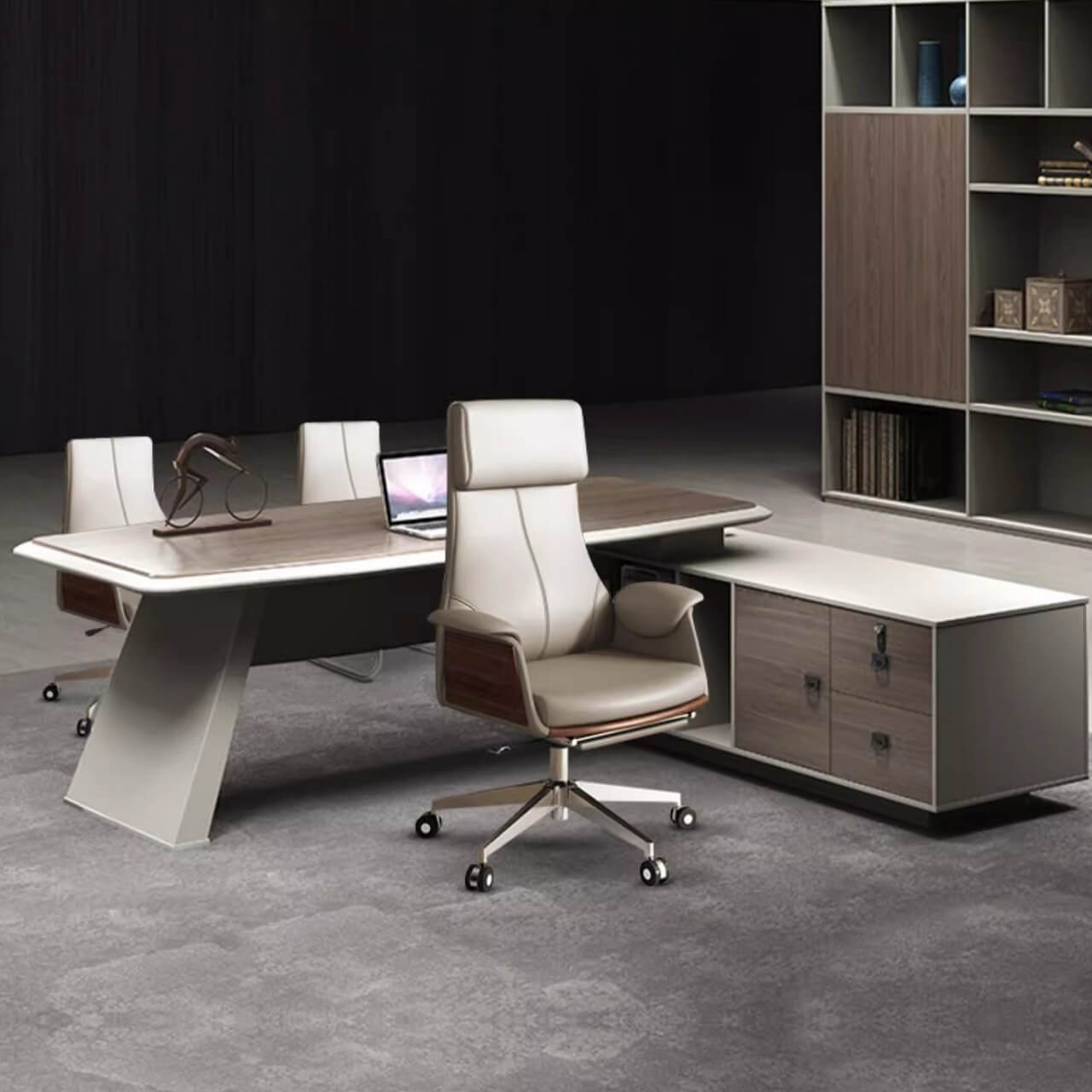 Minimalist Gray Leather Arc Office Chair with Flared Arms & Silver Metal Legs - Ergonomic Desk Chair for Home Office, Study, or Workspace