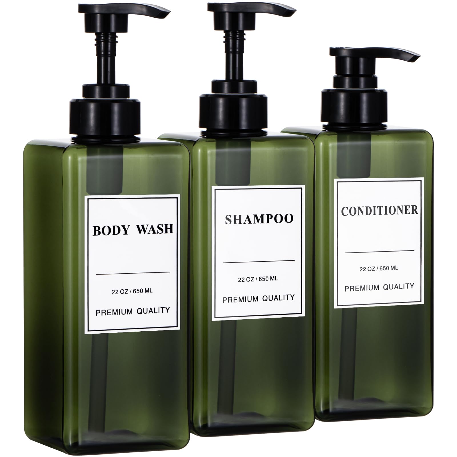 Yeeco 3 Pack 22OZ/650ML Soap Dispenser with Hand Pump - Refillable Shampoo, Conditioner & Liquid Dispenser for Bathroom, Hotel & Kitchen - Includes Labels for Shower Bottles (Green) - Perfect for Home, Salon & Travel Organization