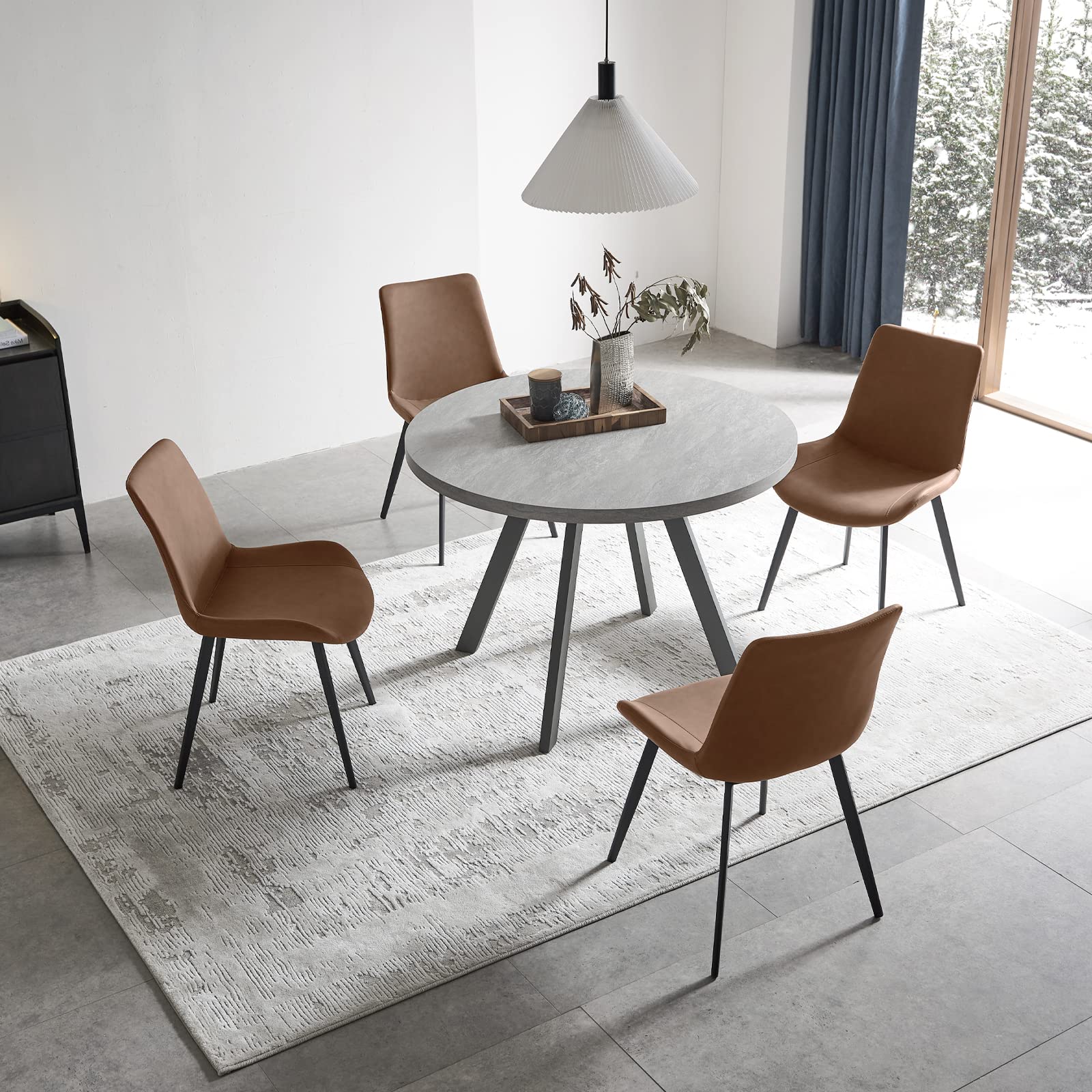 Mid Century Modern Round Dining Table Set with 4 Brown Chairs - Space Saving Small Kitchen Table for Breakfast Nook, Apartment Dining, and Cozy Family Meals