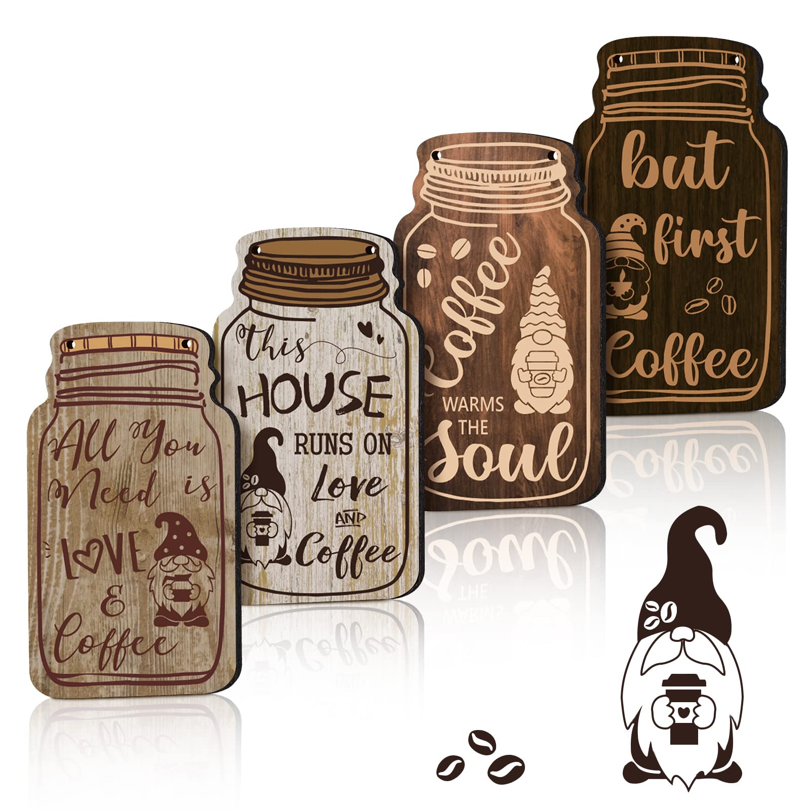 Jetec 4-Piece Coffee Bar Sign Set - Rustic Farmhouse Wooden Gnome Wall Decor with 'But First Coffee' Plaque - Perfect for Cafes, Kitchens & Coffee Lovers' Home Decor