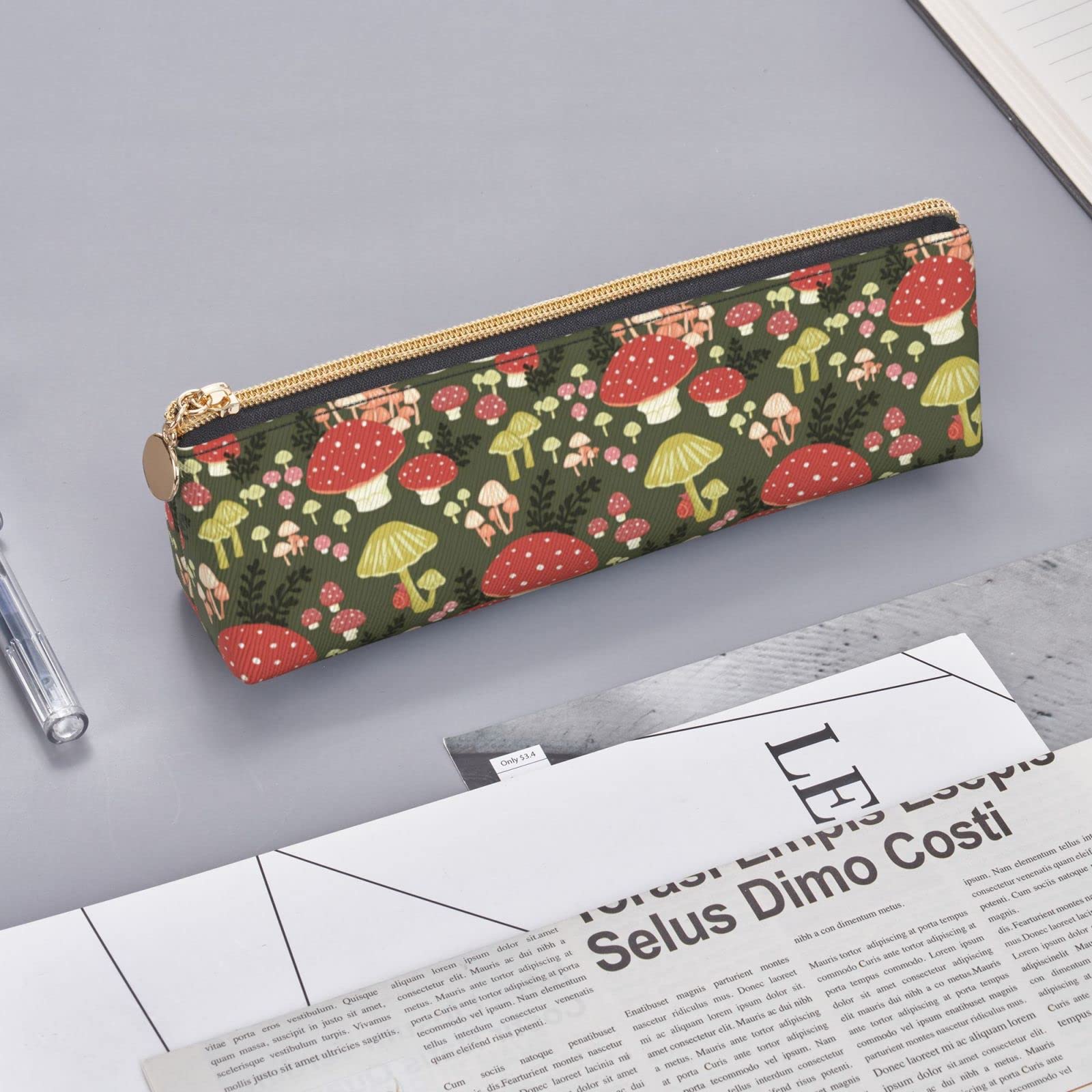 Mushroom Pattern Leather Pencil Case with Zipper - Stylish Pen & Makeup Pouch for School, Office, Work or Travel - Perfect Stationery Organizer for Students & Professionals