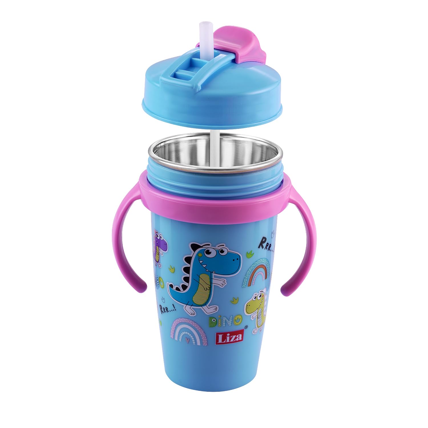 NABHYA Snoozy Stainless Steel Kids Water Bottle with Straw - BPA-Free, Leak-Proof, Cartoon Design Baby Sipper Cup with Dual Handles for School, Travel & Outdoor Activities (Blue)