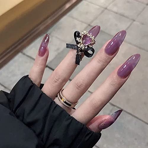 24PCS Fake Nails with Glue - Transparent Purple Bow Design Long Round False Nails for Manicure, Natural Nail Patches | Perfect for Parties, Weddings & Special Occasions