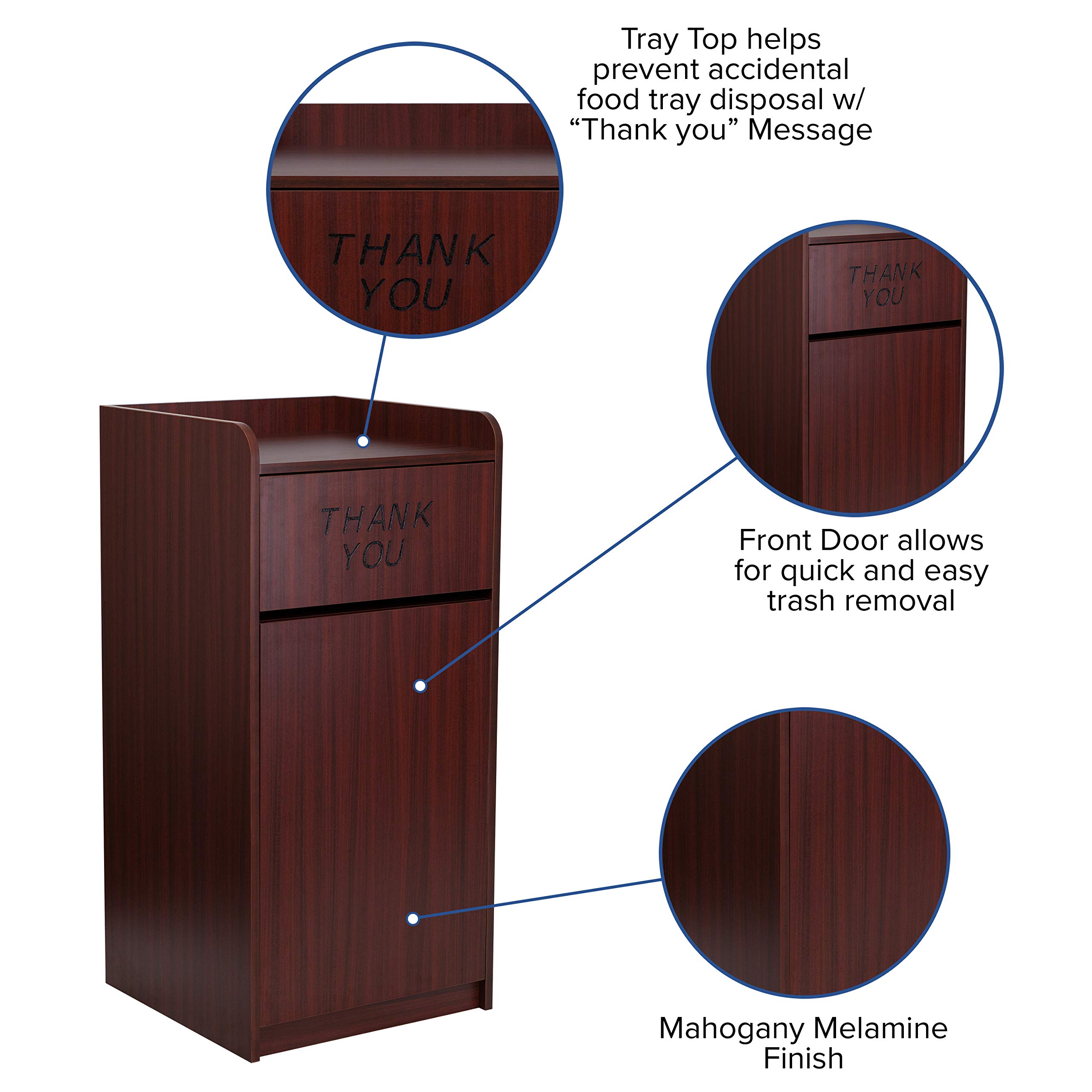 Flash Furniture Sony Laminate Wood Commercial-Grade Trash Can with Tray Top - Mahogany Restaurant Garbage Bin for Kitchen, Office & Public Spaces