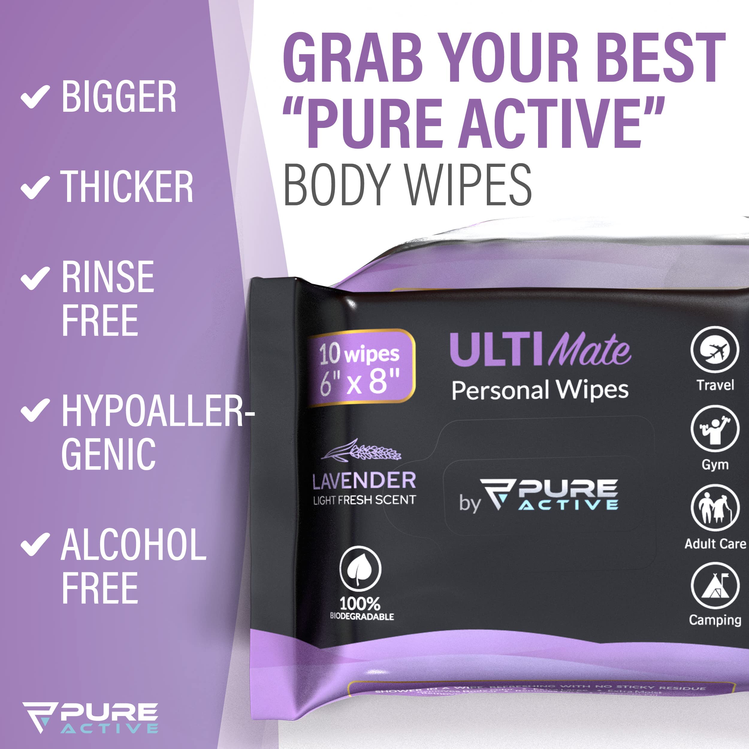Premium Biodegradable Shower Body & Face Wipes for Men - Post Gym, Travel & Camping - Scented Lavender Hygiene Wipes (1440 Count Multipack) - Perfect for On-the-Go Cleansing, Outdoor Adventures & Quick Refresh