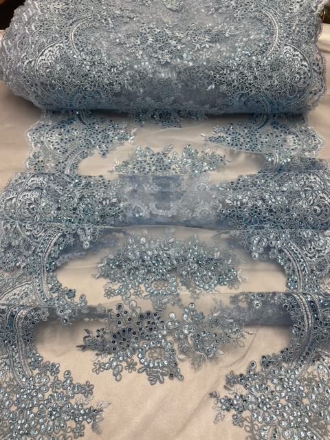 Sequin Embroidered Lace Fabric - 9 Yards Baby Blue Mesh for Wedding Dresses, Prom Gowns & DIY Costumes (VT-14)