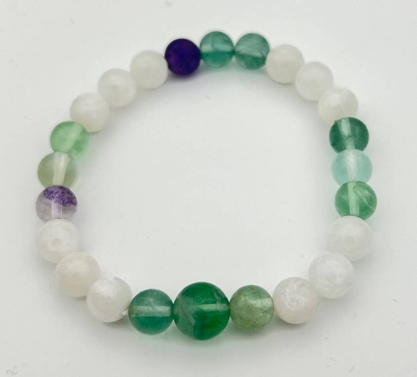 Fluorite & Moonstone Beaded Bracelet - 8mm Wrist Mala for Meditation, Yoga & Positive Energy | Healing Crystal Jewelry for Women