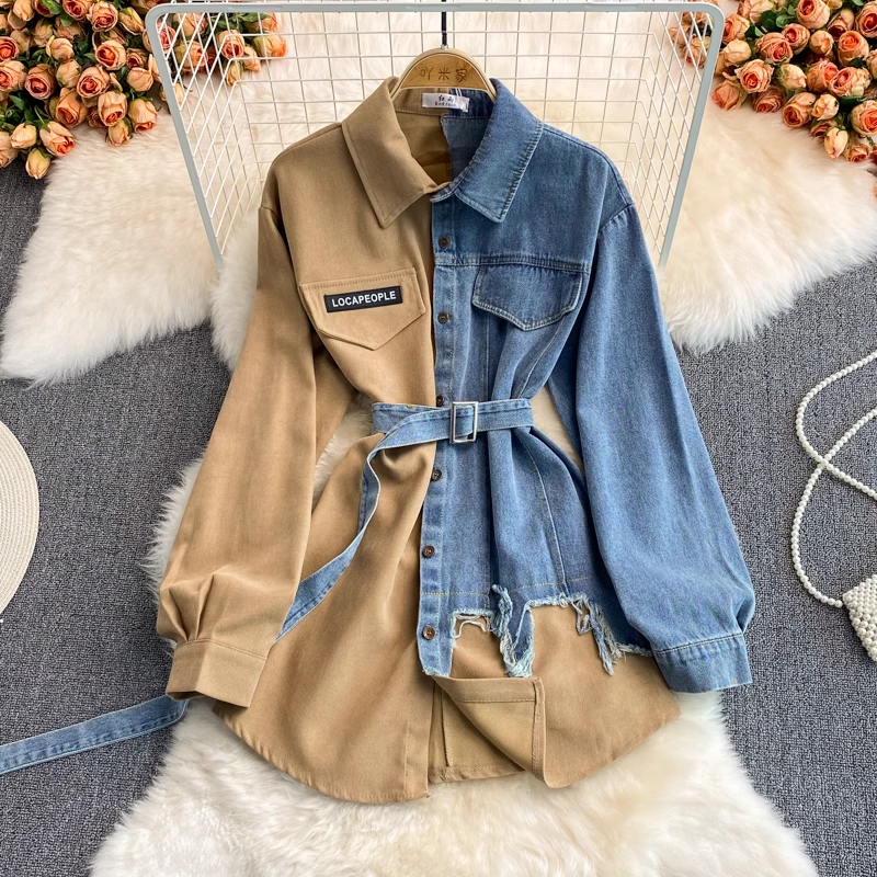 Korean Style Denim Stitching Dress - Mid Length Irregular Hem Shirt for Women | Fall Winter Fashion | Perfect for Casual Outings, Office Wear & Date Nights