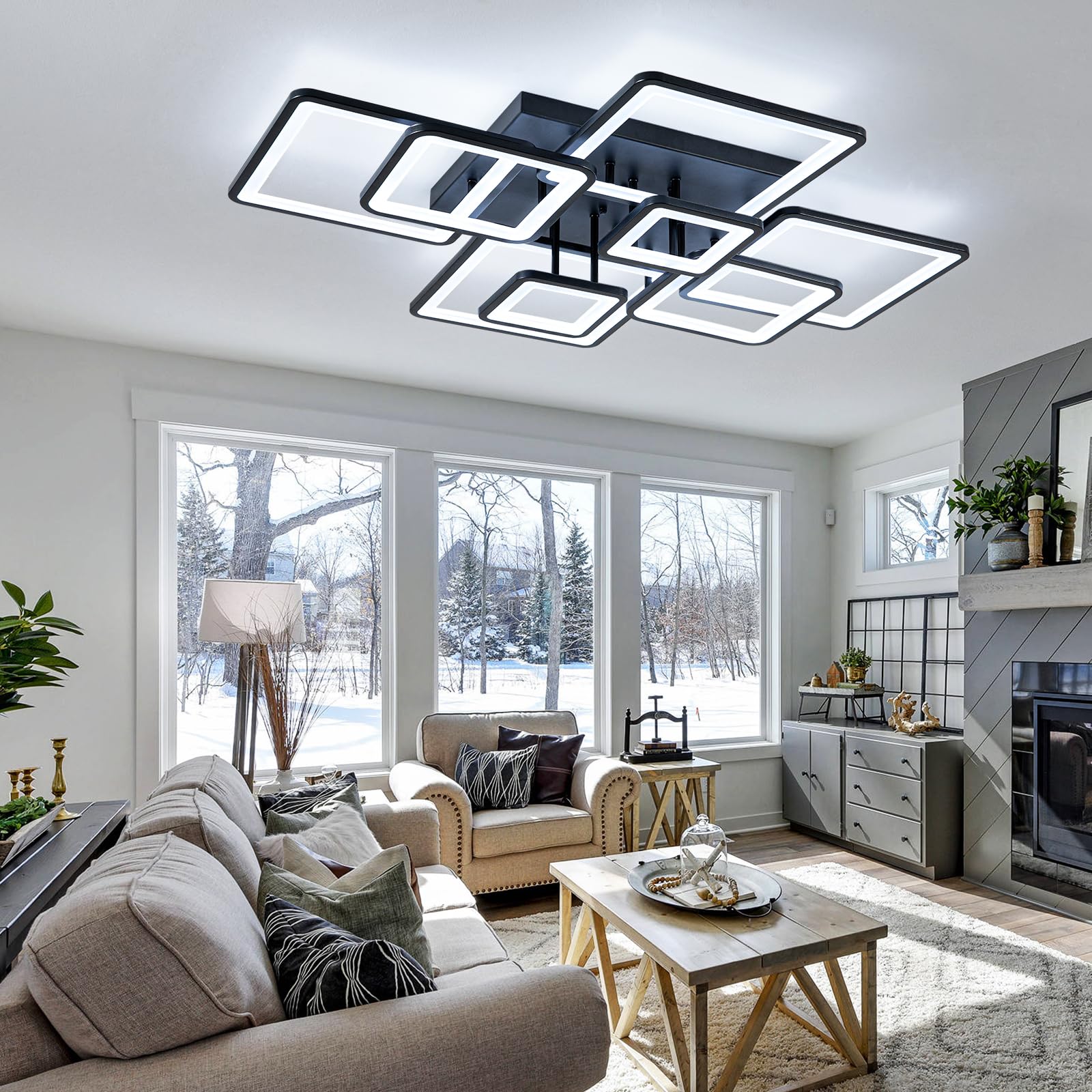 Modern Dimmable LED Ceiling Light with Remote Control - Black Flush Mount Chandelier, Acrylic Ring Fixture for Living Room, Dining Room, Bedroom - Energy Efficient Lighting Solution for Home Decor (8H-FANG-BL-04) | Perfect for Modern Interiors, Apartments and Office Spaces