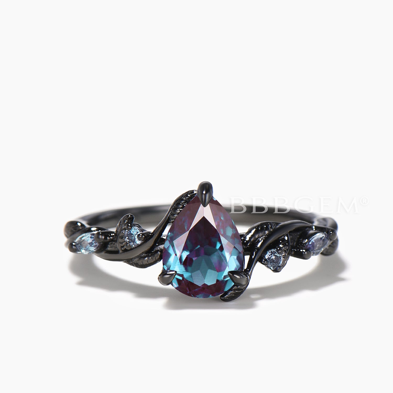 Teardrop Color Changing Alexandrite Bridal Ring Set - Black Gold Twisted Nature Inspired Wedding Band for Engagement, Anniversary & Special Occasions
