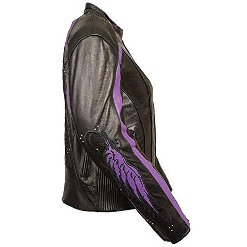 Milwaukee Women's Embroidered Wing & Stud Design Leather Jacket ML1952 - Black/Purple Biker Jacket for Motorcycle Riding & Fashion Outfits