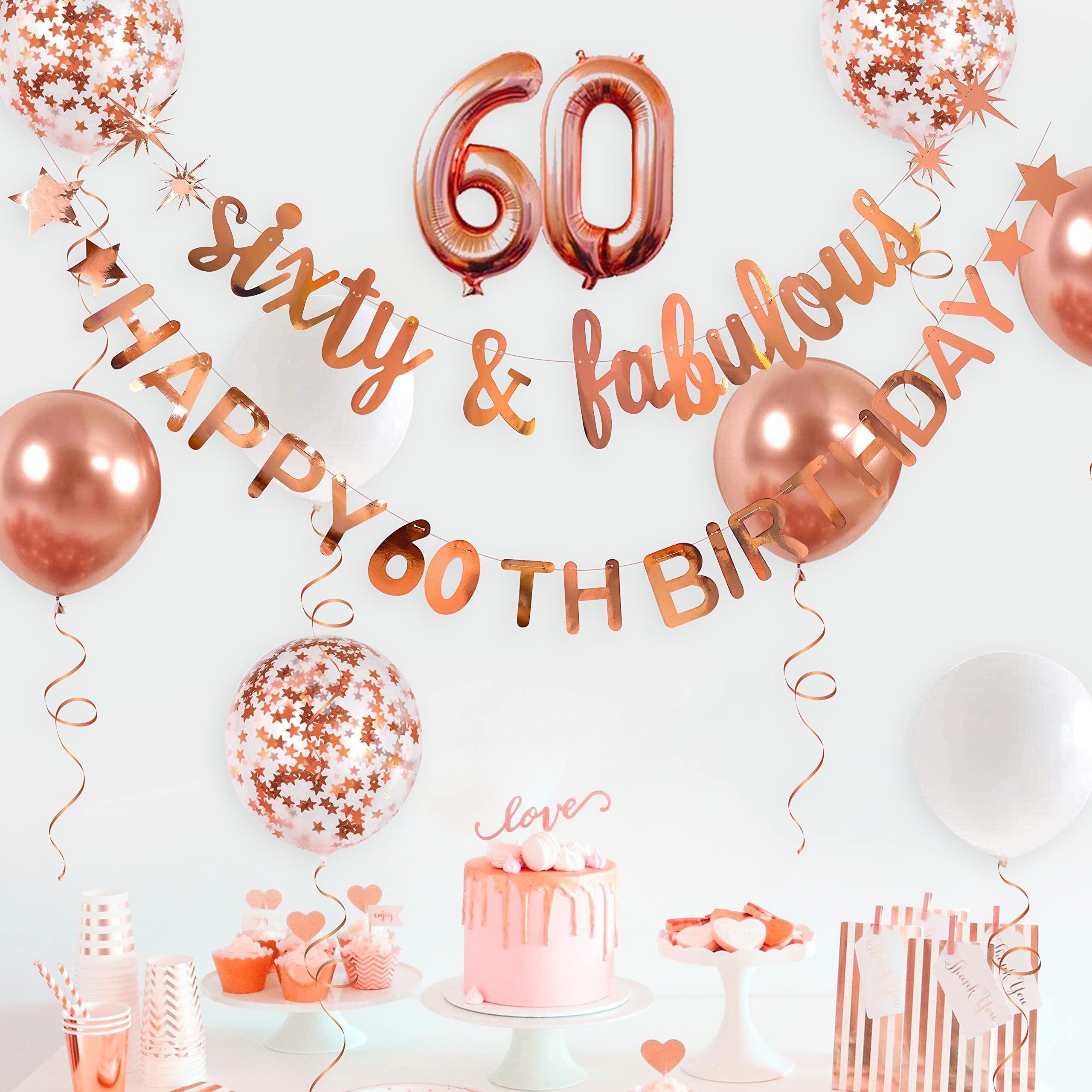 60th Birthday Decorations - Rose Gold 'Sixty & Fabulous' Banner, Garland & Foil Balloons for Women | Cheers to 60 Party Supplies | Perfect for Milestone Birthday Celebrations, Retirement Parties & Anniversary Decor